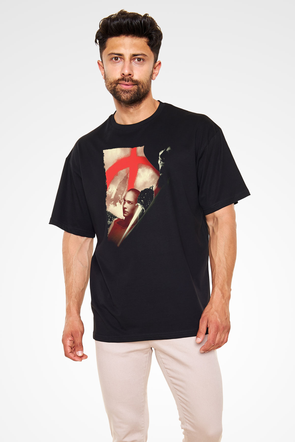 Unisex V for Vendetta Baskılı Siyah Oversize T-shirt