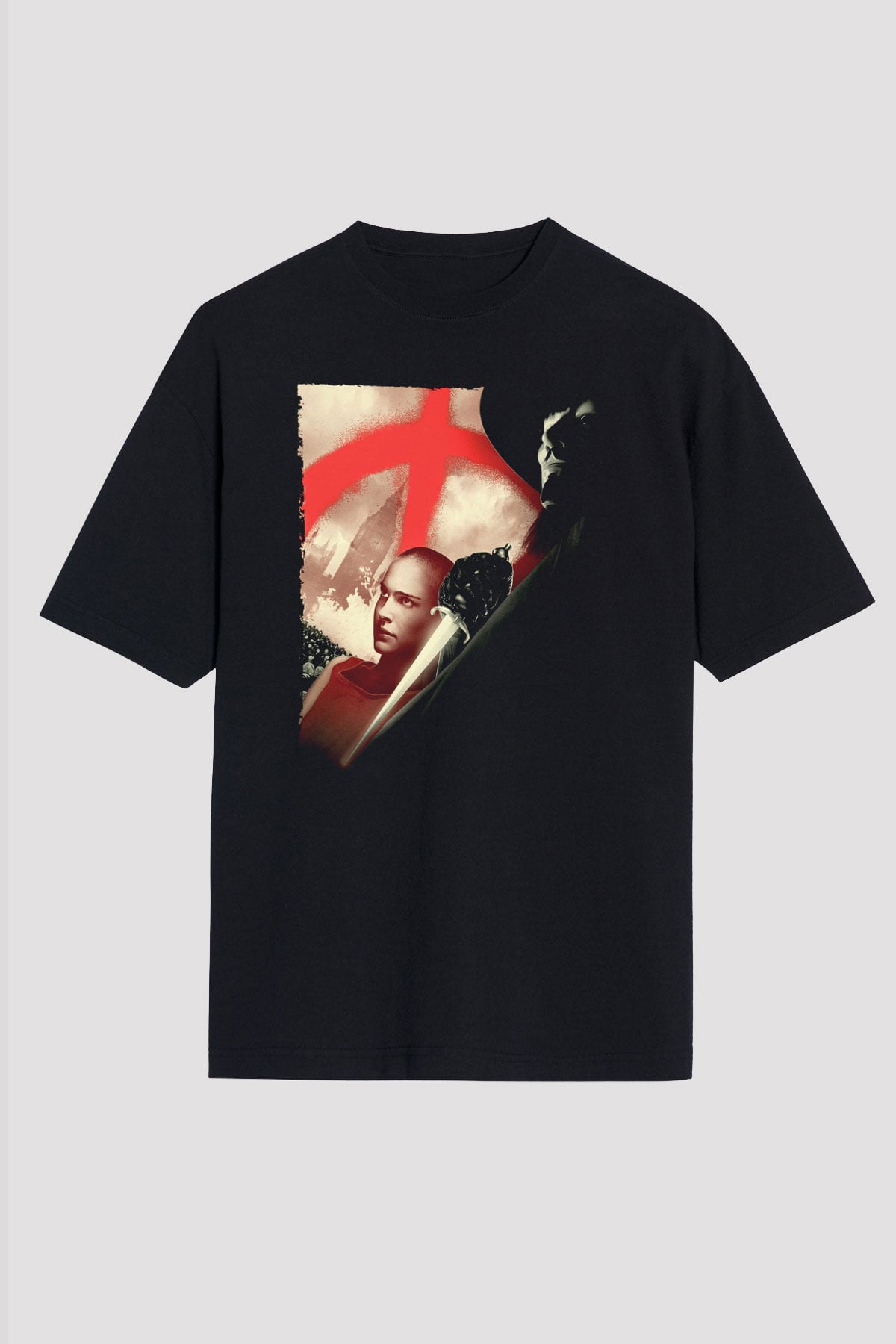Unisex V for Vendetta Baskılı Siyah Oversize T-shirt