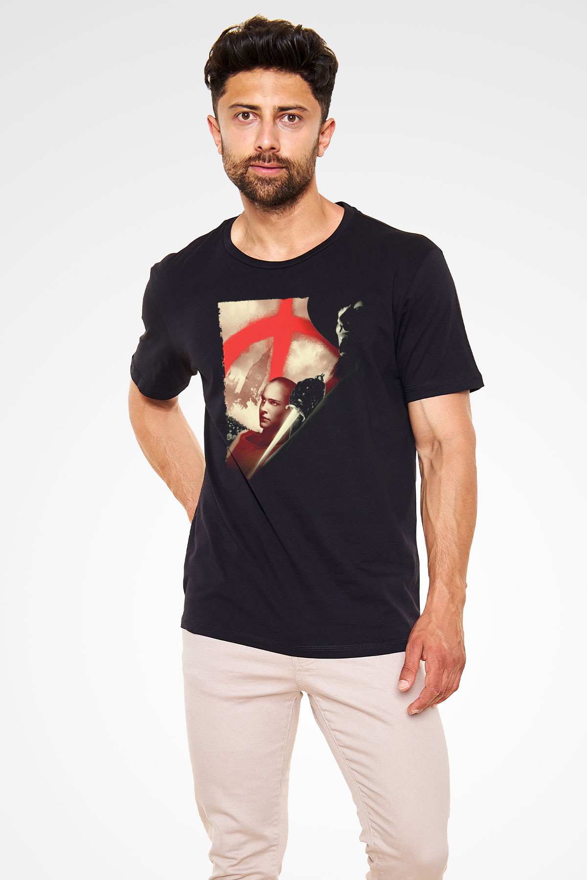 V for Vendetta Baskılı Siyah T-Shirt