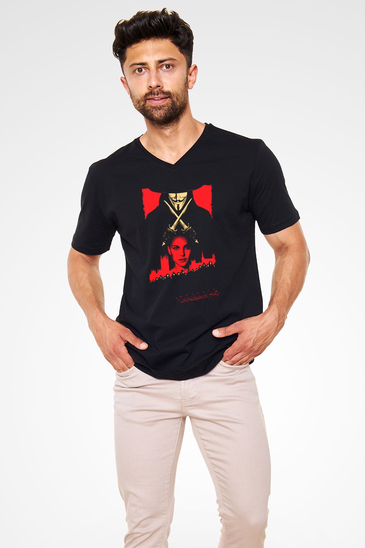 Unisex V for Vendetta Baskılı Siyah V Yaka Tshirt