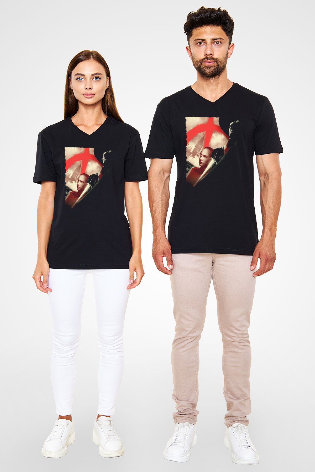 Unisex V for Vendetta Baskılı Siyah V Yaka T-shirt
