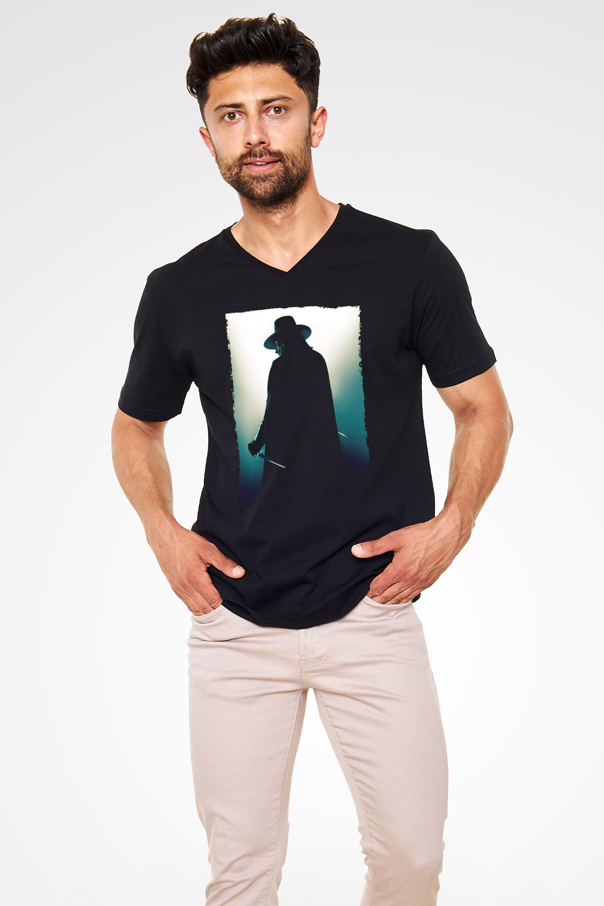 Unisex V for Vendetta Baskılı Siyah V Yaka Tişört