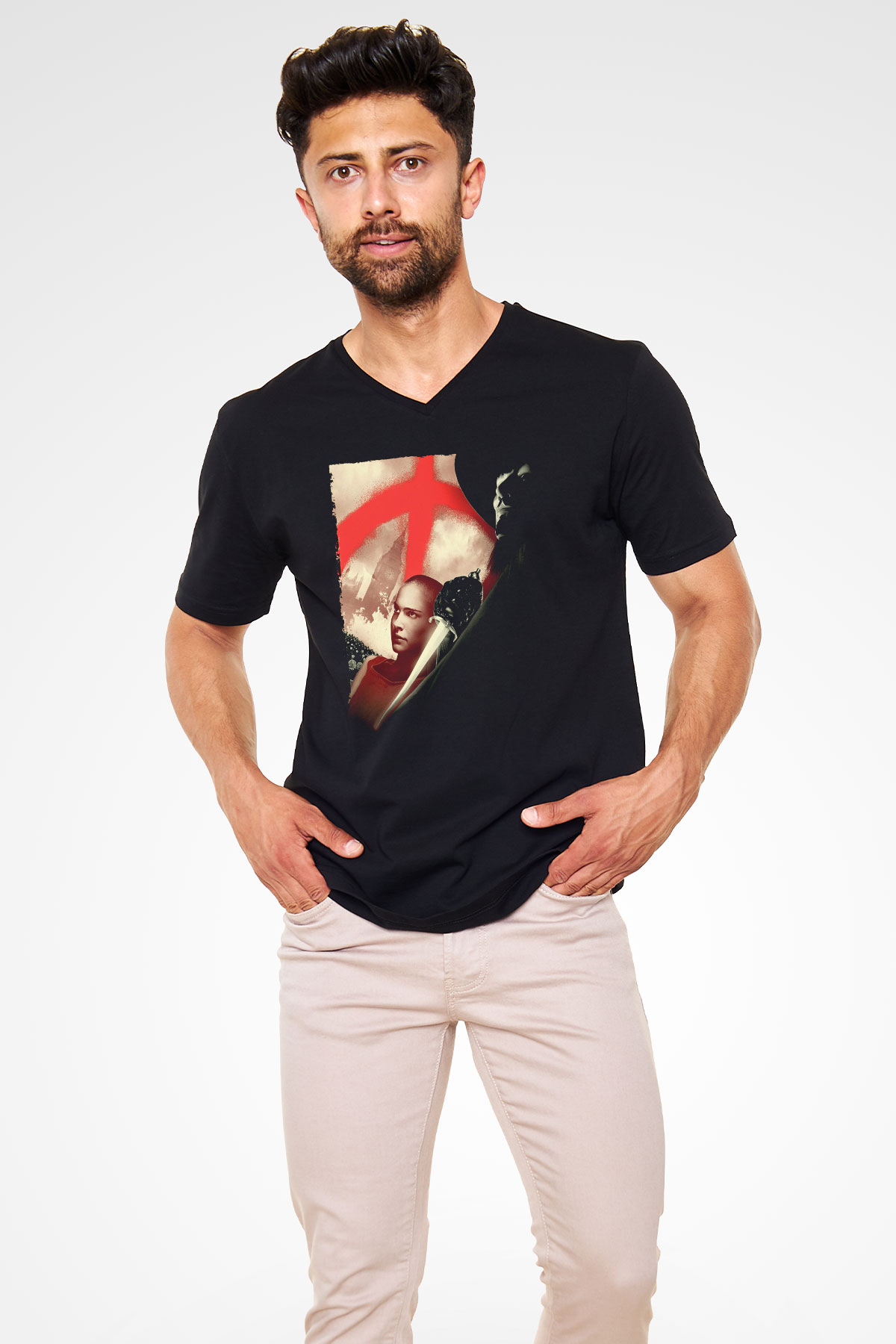 Unisex V for Vendetta Baskılı Siyah V Yaka T-shirt