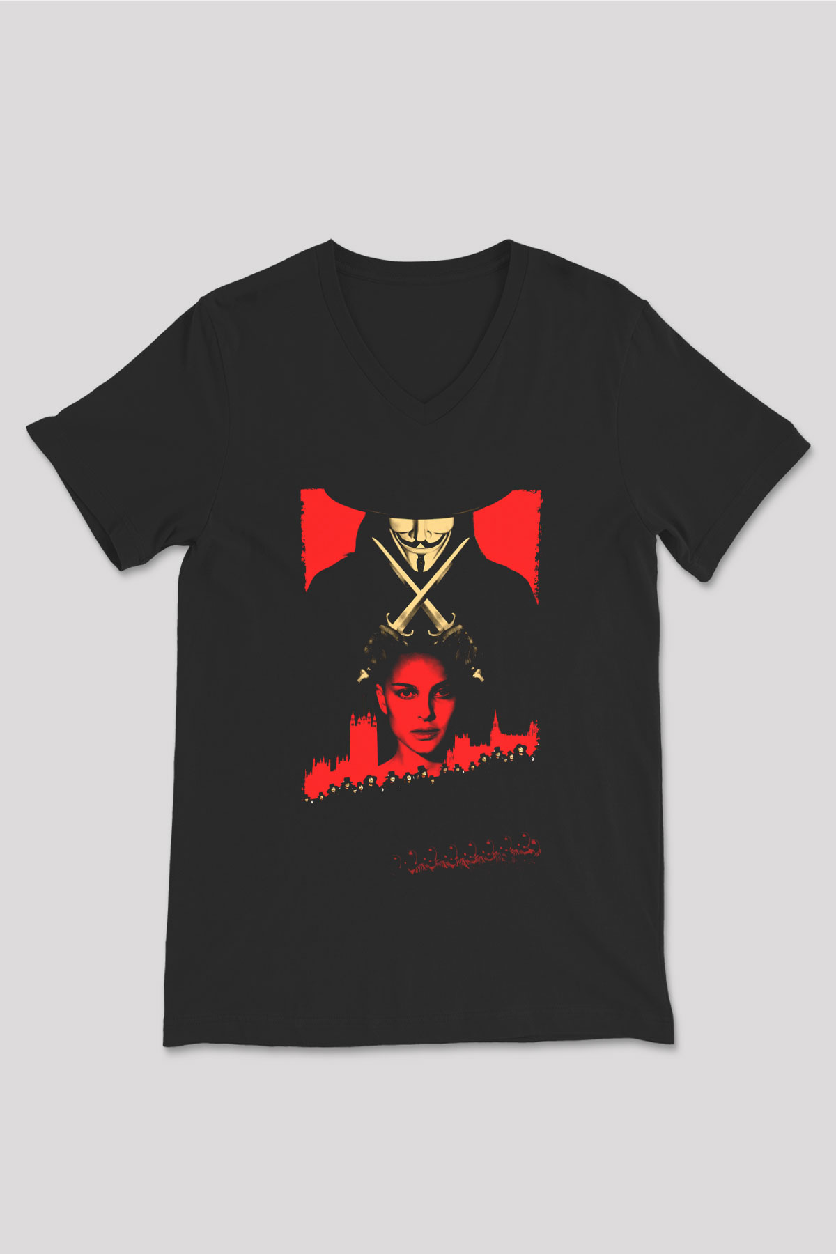 Unisex V for Vendetta Baskılı Siyah V Yaka Tshirt
