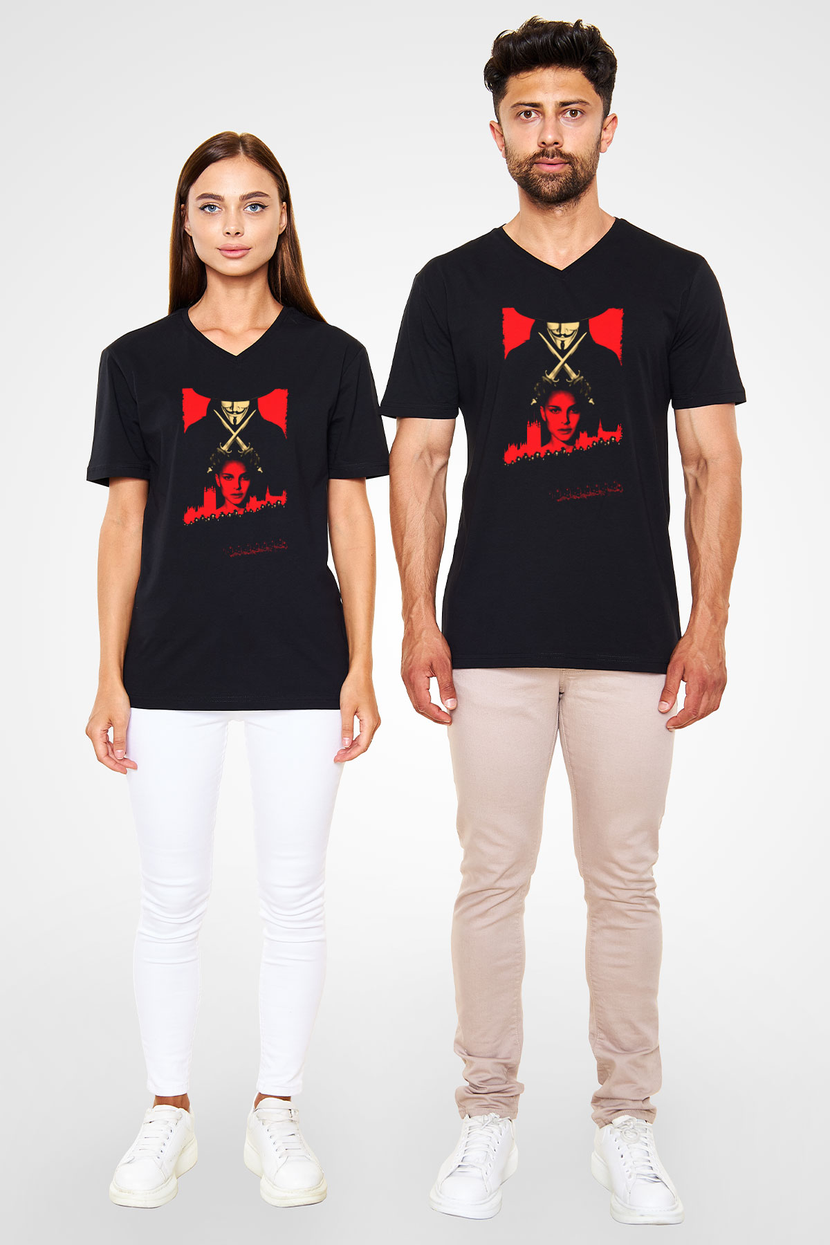 Unisex V for Vendetta Baskılı Siyah V Yaka Tshirt