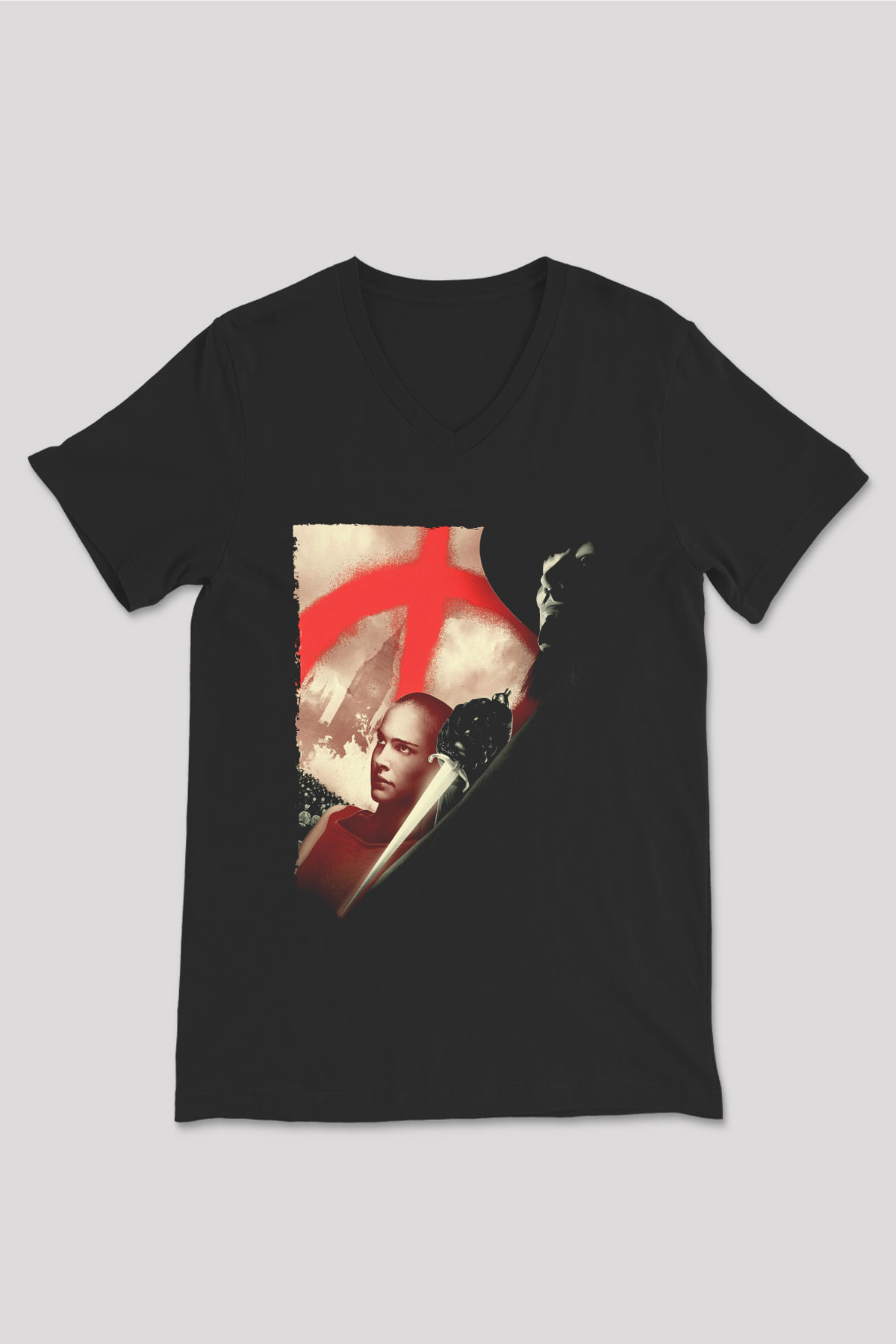 Unisex V for Vendetta Baskılı Siyah V Yaka T-shirt