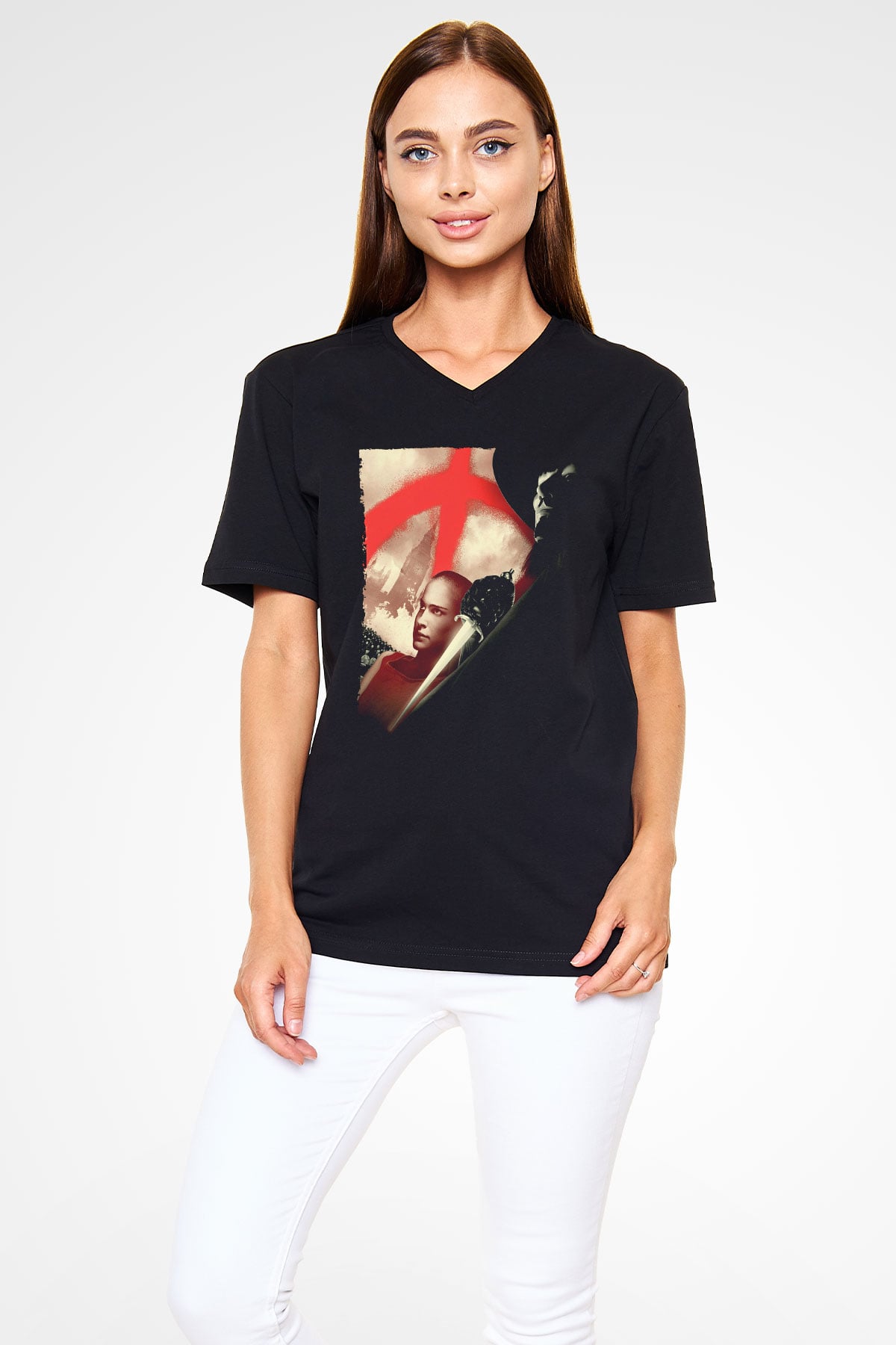 Unisex V for Vendetta Baskılı Siyah V Yaka T-shirt