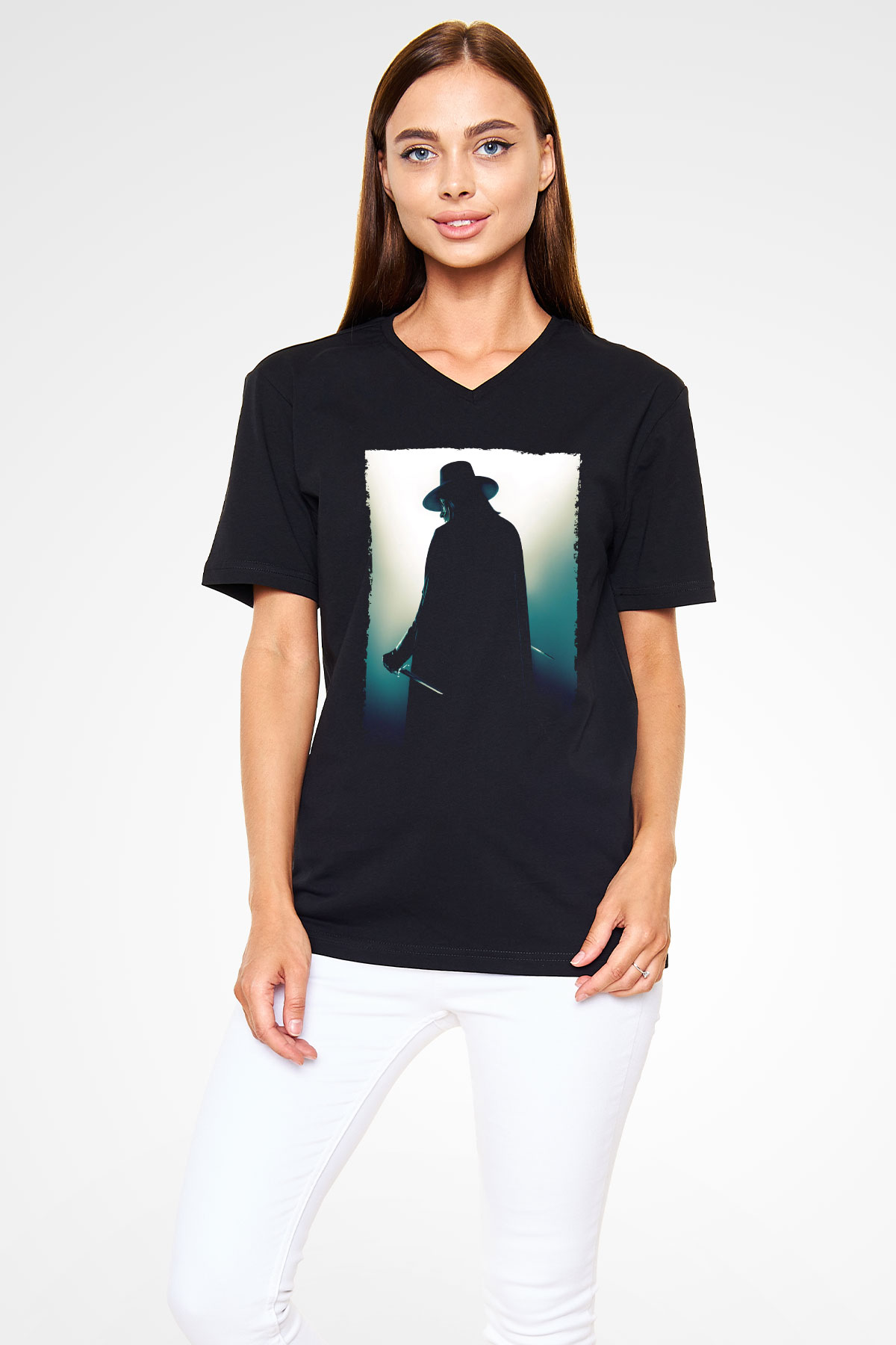 Unisex V for Vendetta Baskılı Siyah V Yaka Tişört