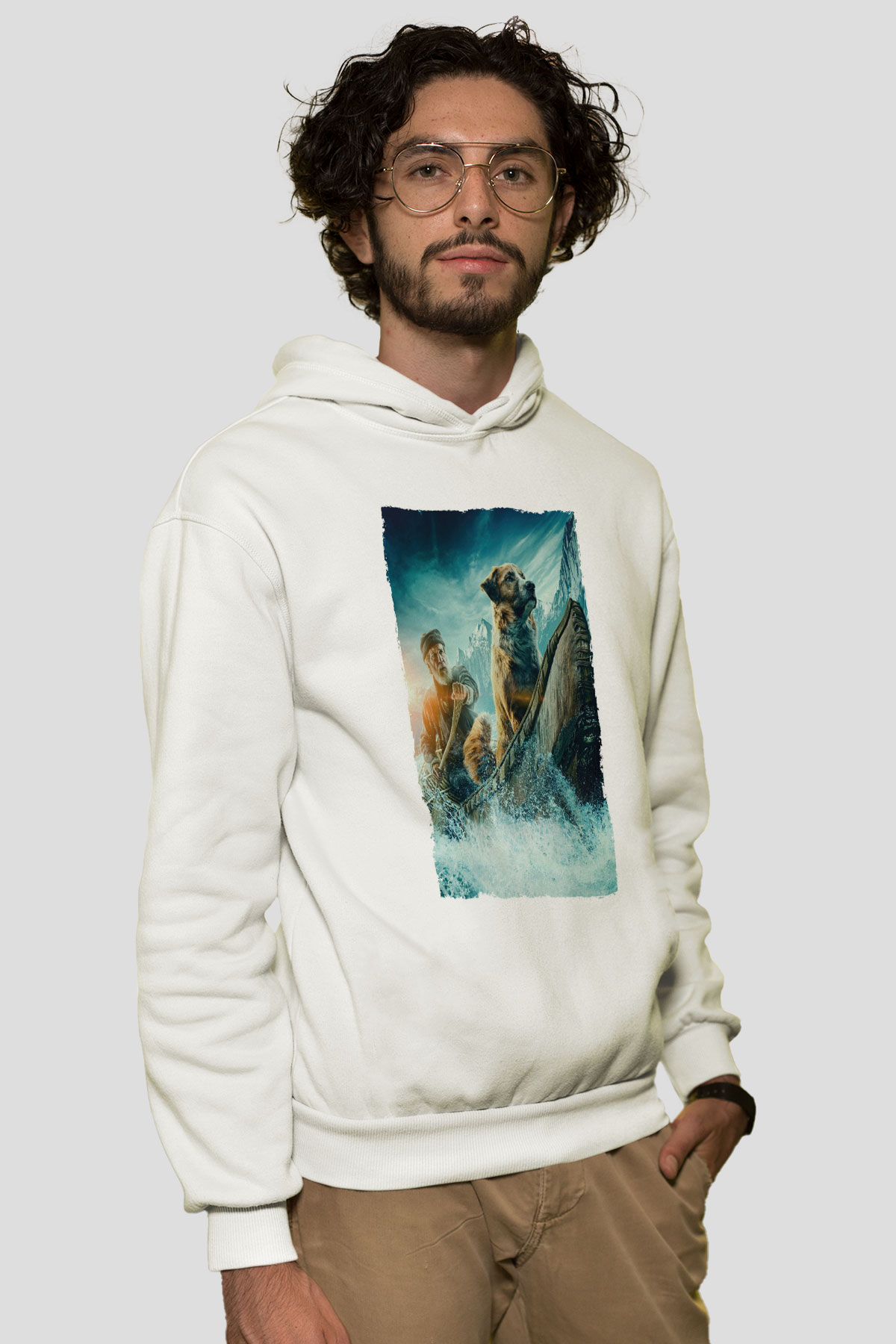 Unisex Vahşetin Çağrısı (The Call of the Wild) Baskılı Beyaz Kapüşonlu Sweatshirt