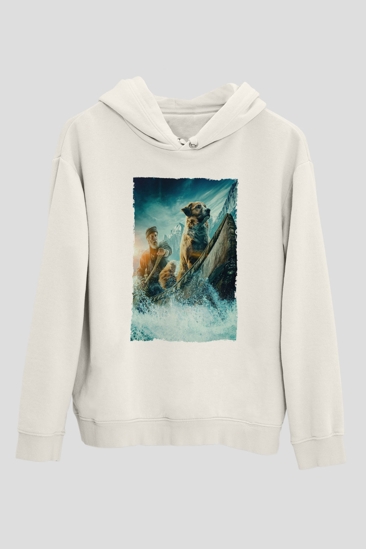 Unisex Vahşetin Çağrısı (The Call of the Wild) Baskılı Beyaz Kapüşonlu Sweatshirt