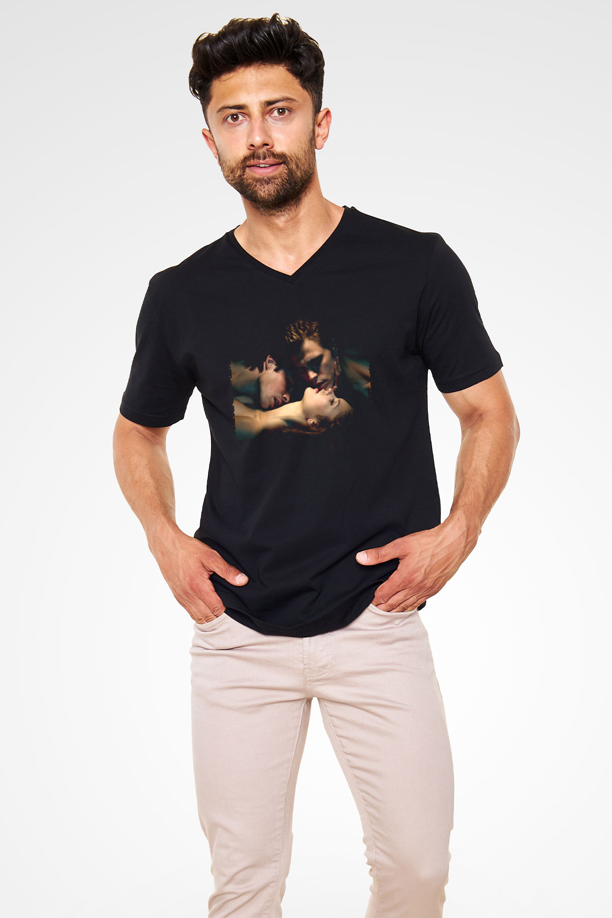 Unisex Vampir Günlükleri (The Vampire Diaries) Baskılı Siyah V Yaka Tişört