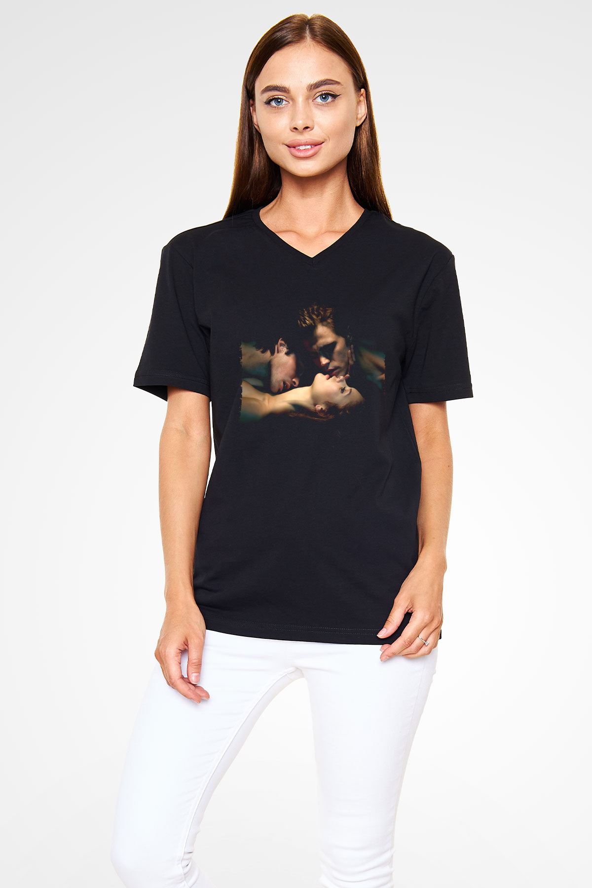 Unisex Vampir Günlükleri (The Vampire Diaries) Baskılı Siyah V Yaka Tişört