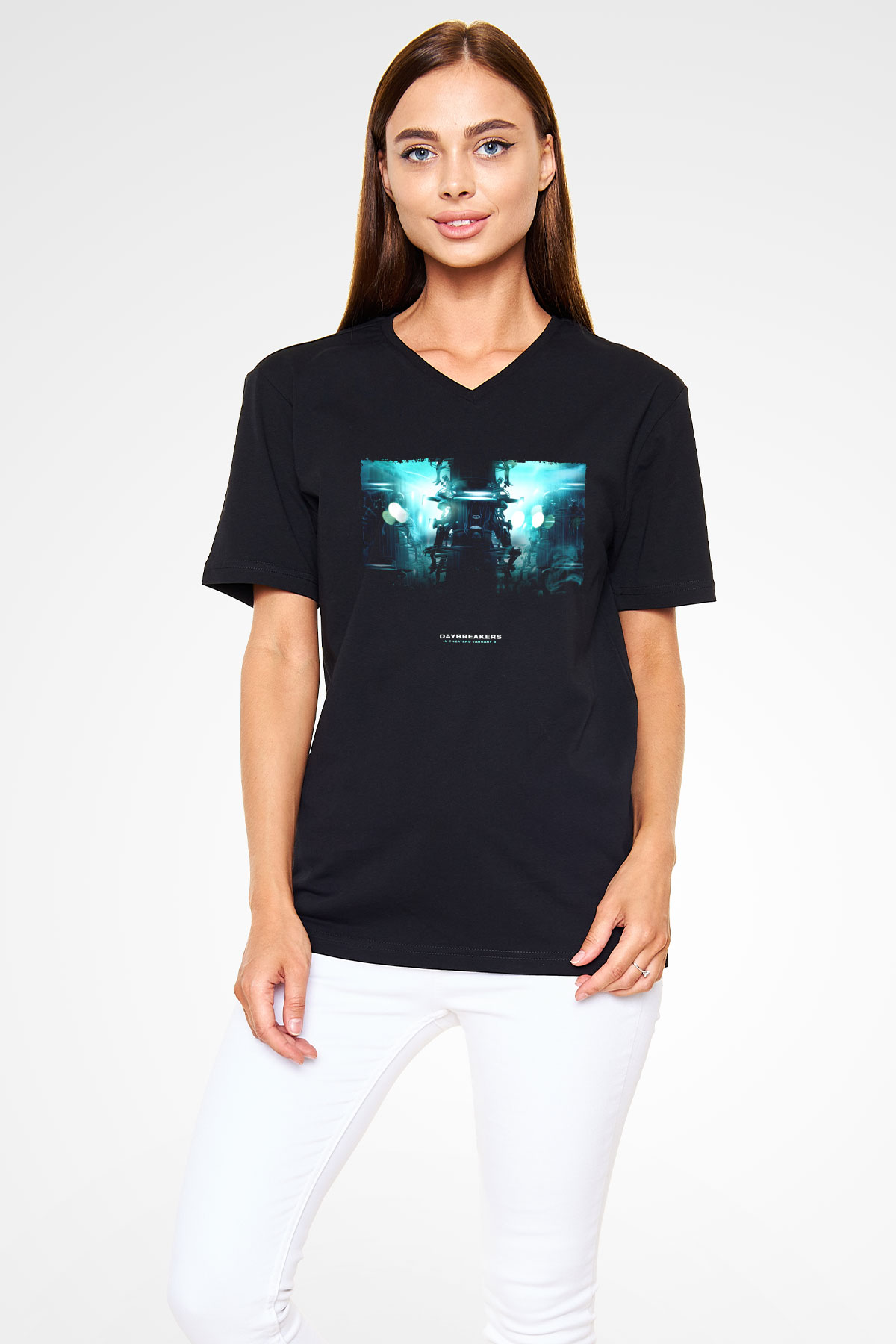 Unisex Vampir İmparatorluğu (Daybreakers) Baskılı Siyah V Yaka T-shirt