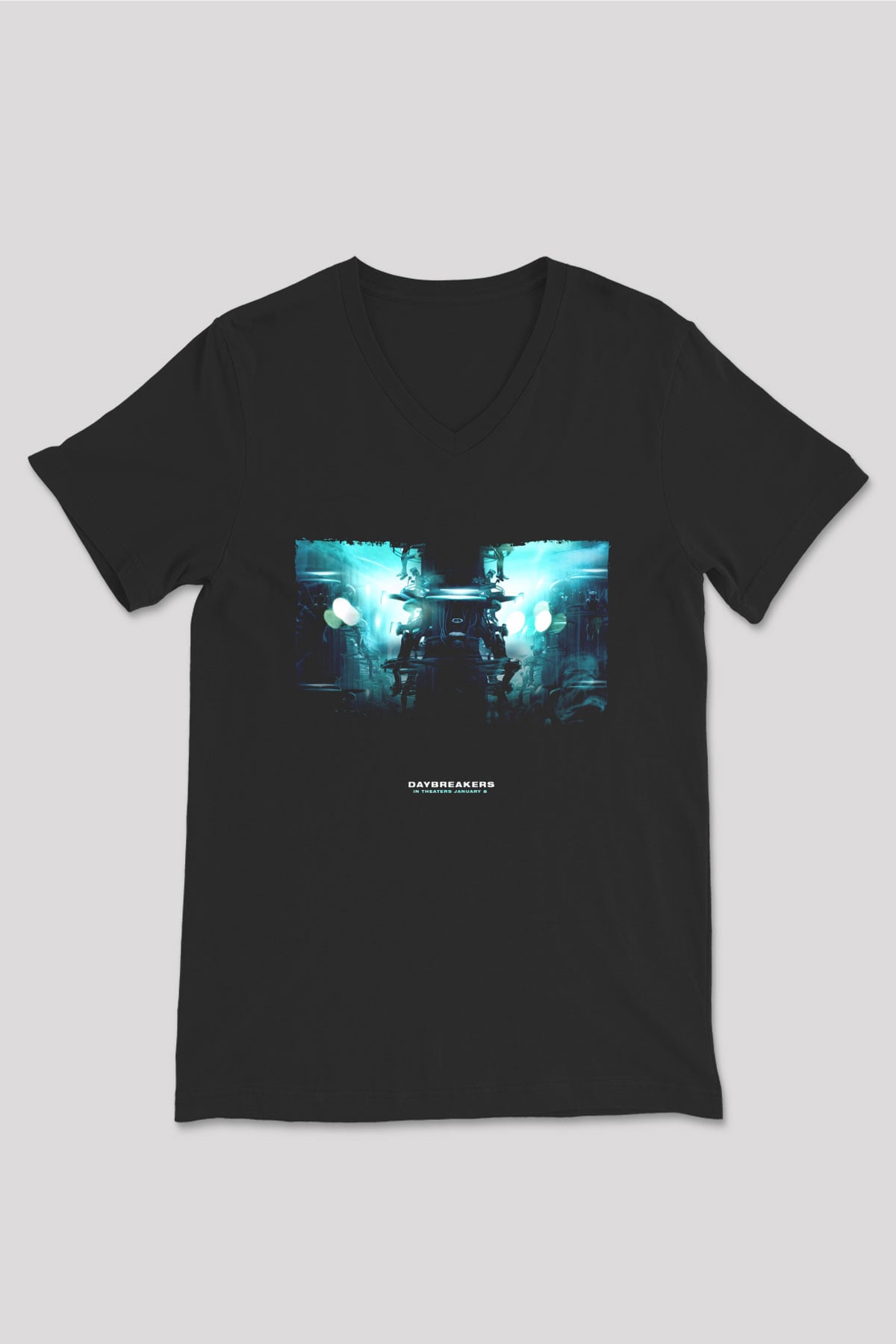 Unisex Vampir İmparatorluğu (Daybreakers) Baskılı Siyah V Yaka T-shirt