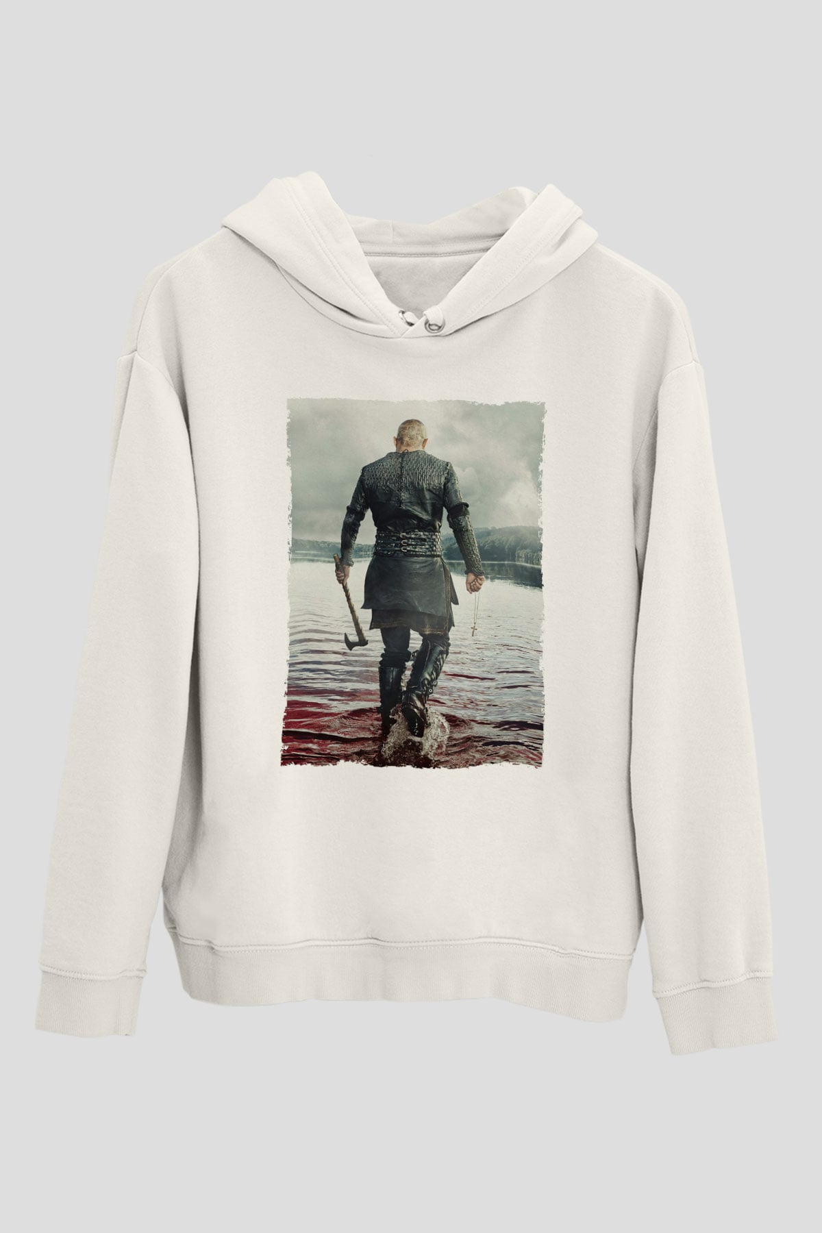 Unisex Vikings Baskılı Beyaz Kapüşonlu Sweatshirt