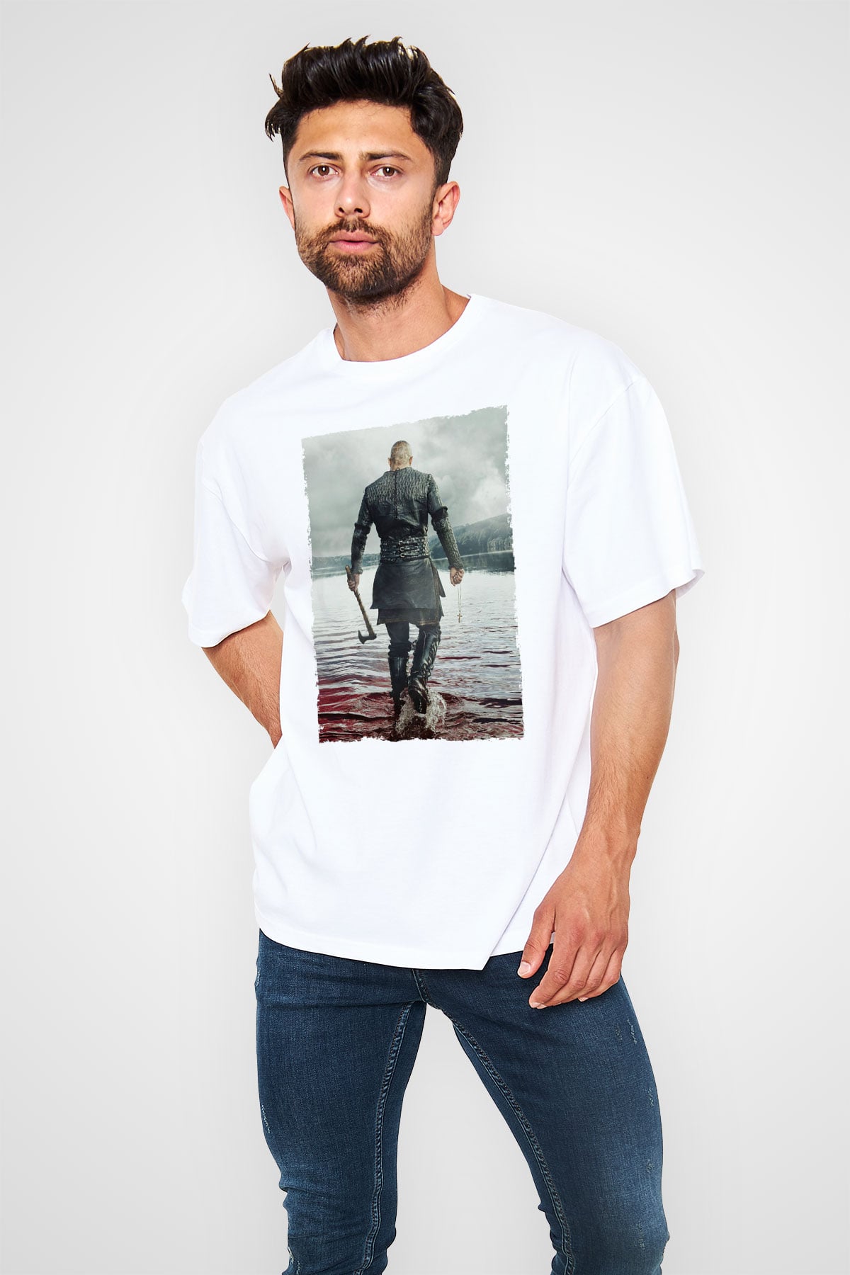 Unisex Vikings Baskılı Beyaz Oversize Oversize T-shirt