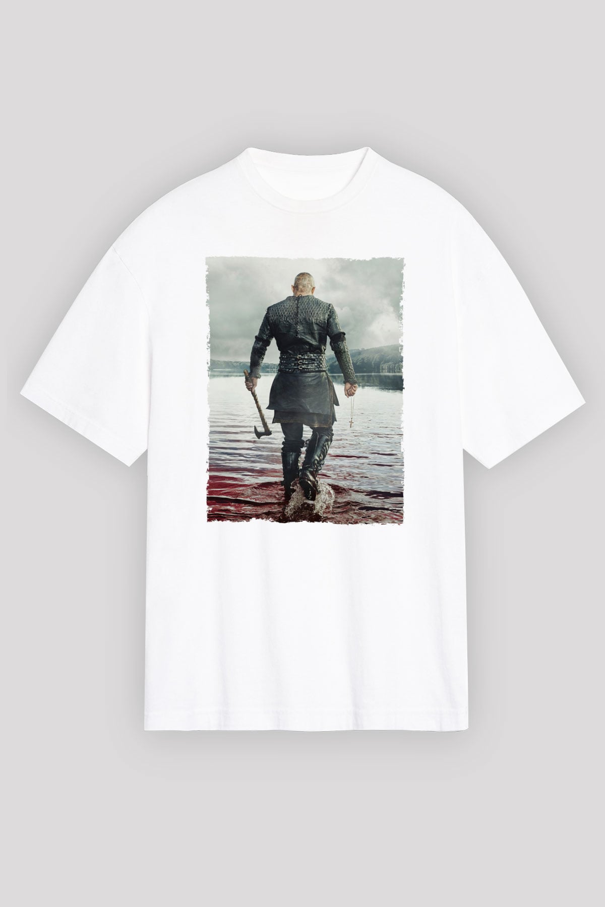 Unisex Vikings Baskılı Beyaz Oversize Oversize T-shirt