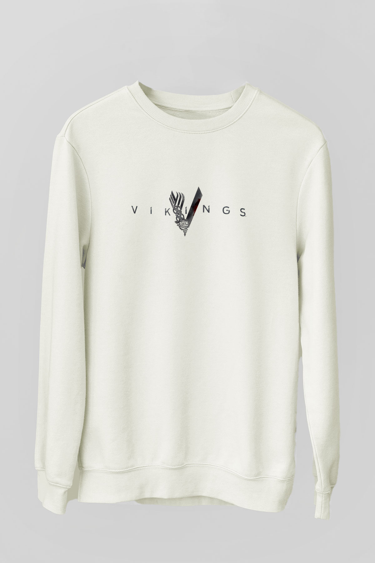 Unisex Vikings Baskılı Beyaz Sweatshirt