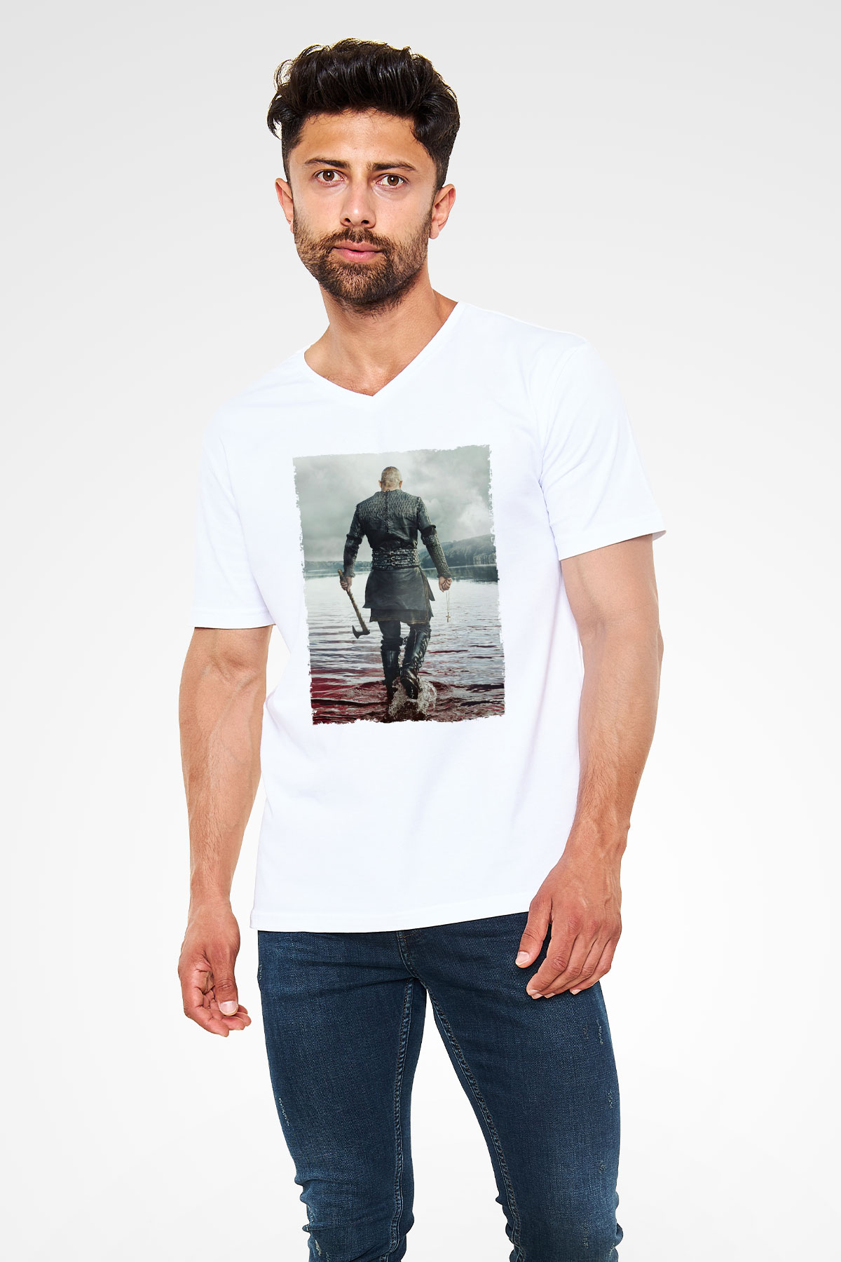 Unisex Vikings Baskılı Beyaz V Yaka Tshirt