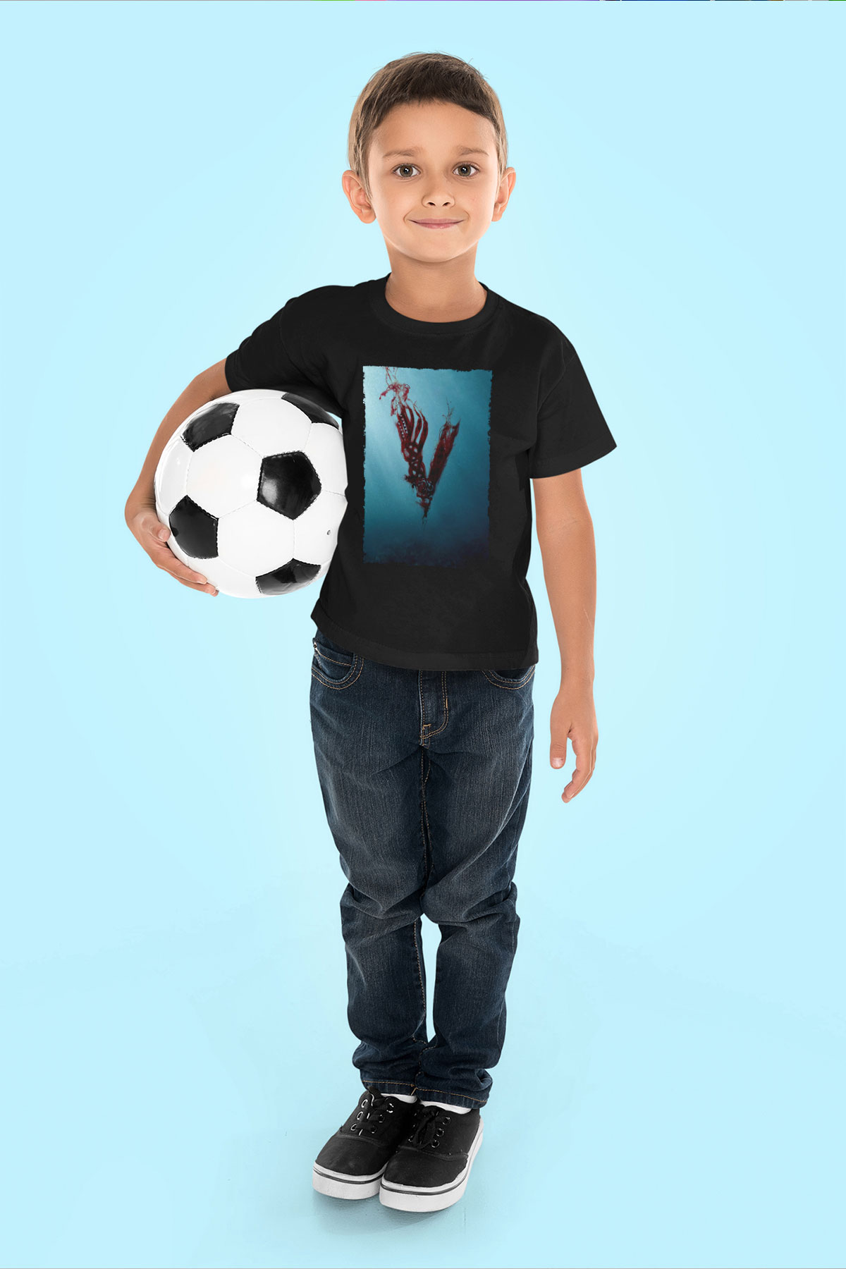 Unisex Vikings Baskılı Siyah Çocuk T-Shirt