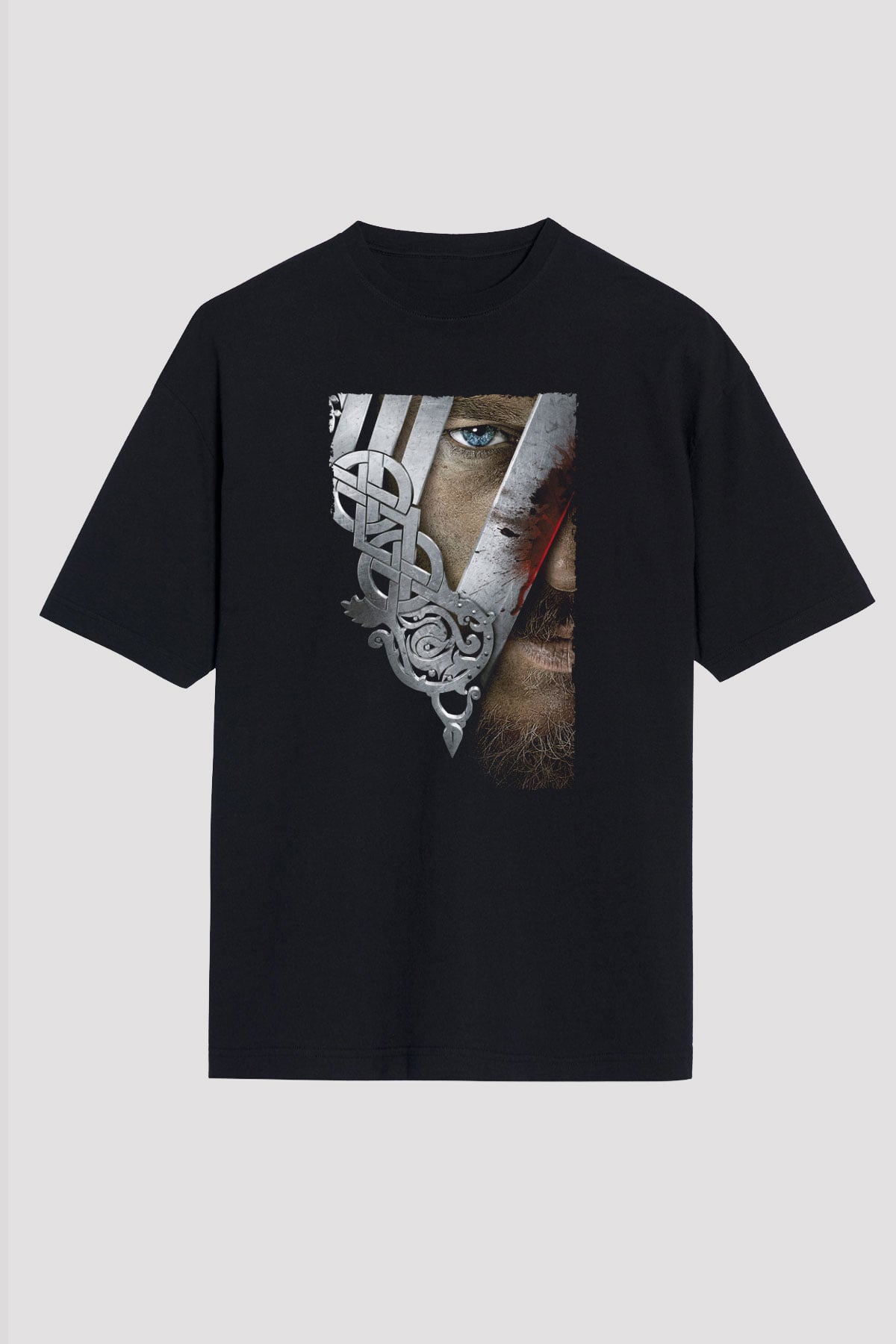 Unisex Vikings Baskılı Siyah Oversize Tshirt