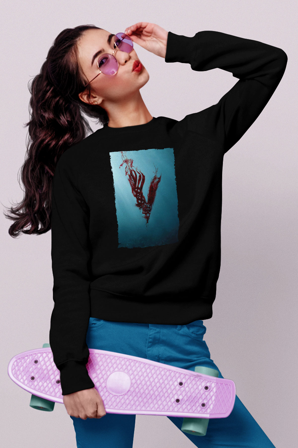 Unisex Vikings Baskılı Siyah Sweatshirt