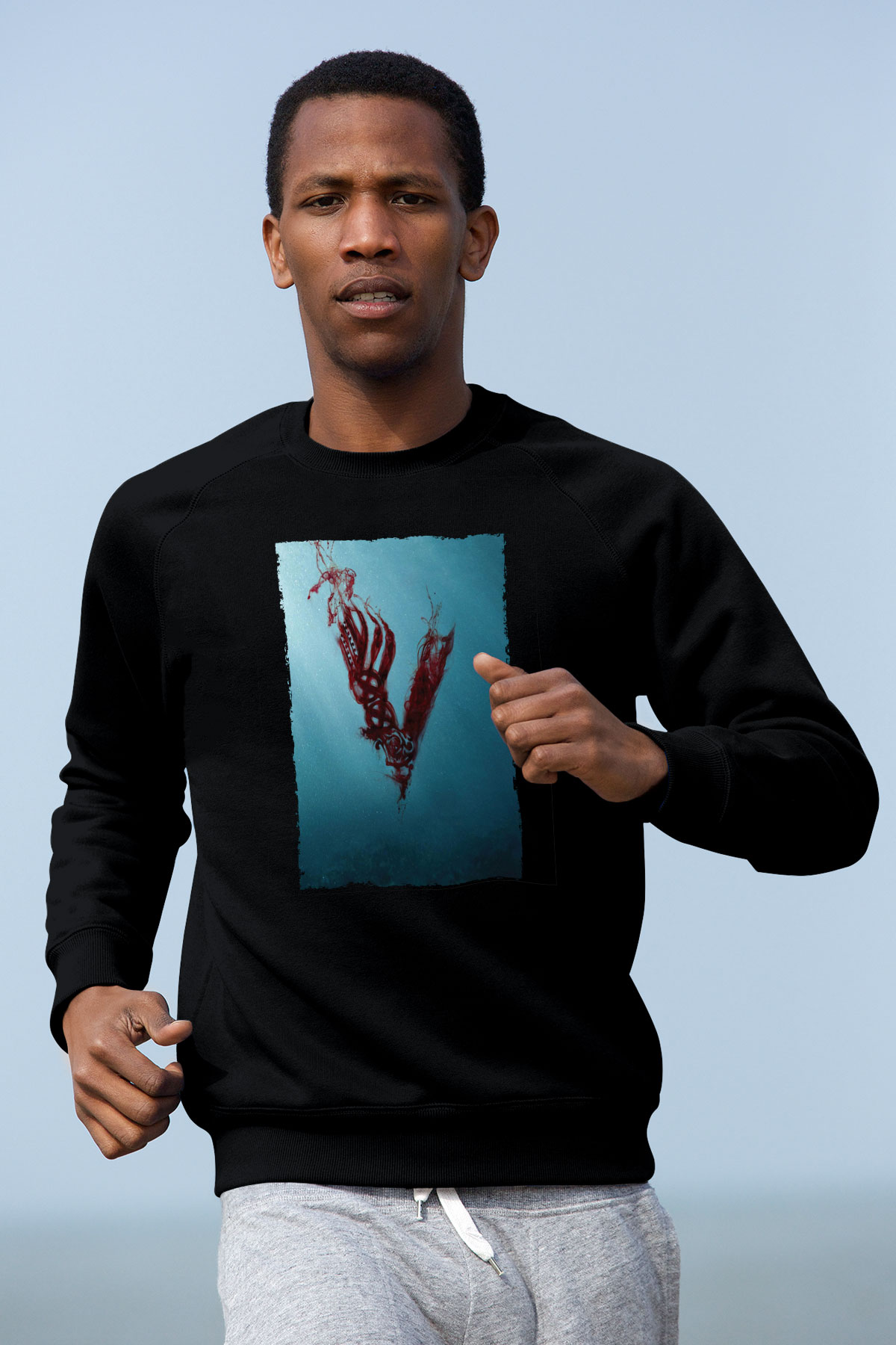 Unisex Vikings Baskılı Siyah Sweatshirt