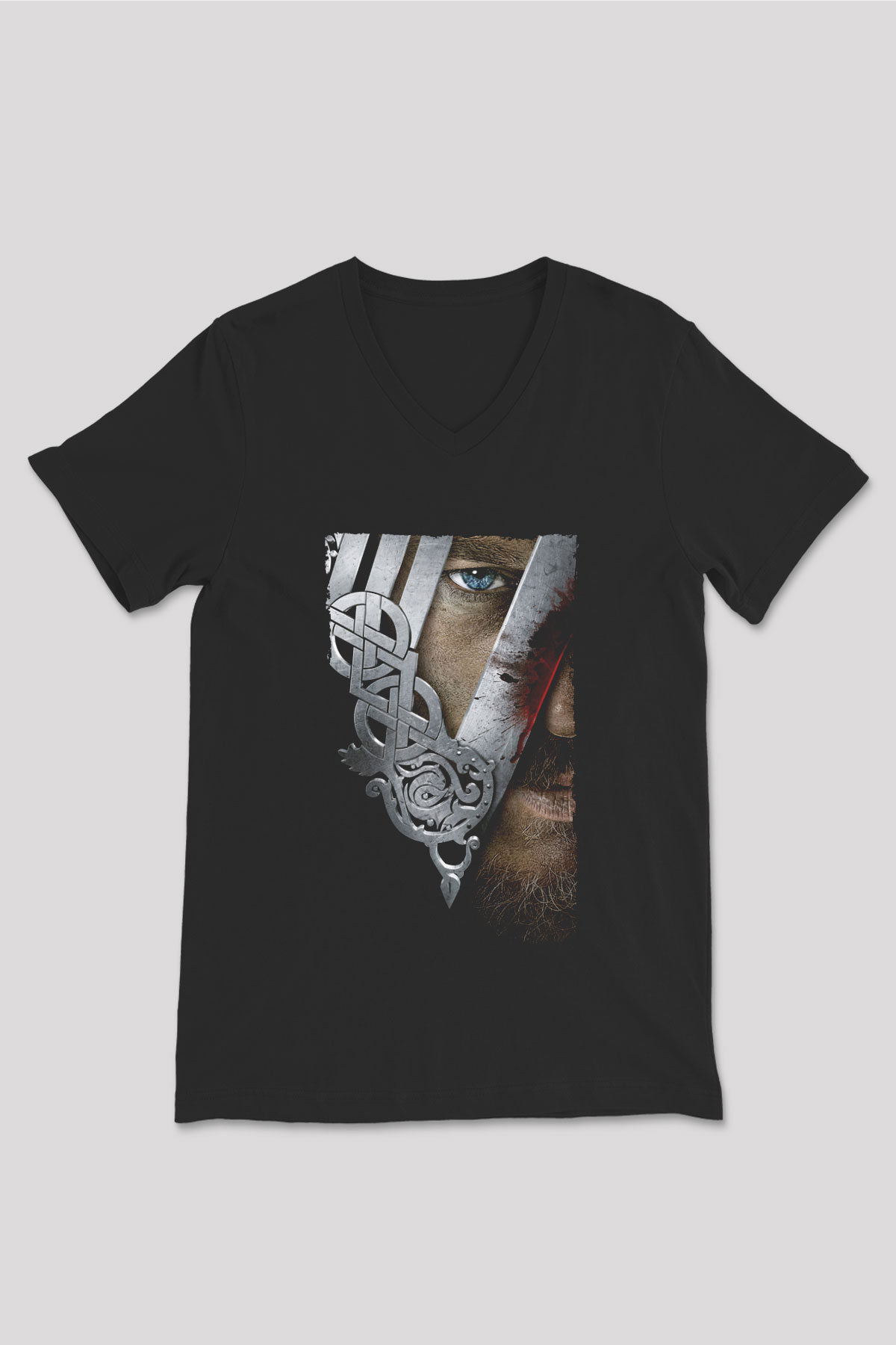 Unisex Vikings Baskılı Siyah V Yaka Tshirt