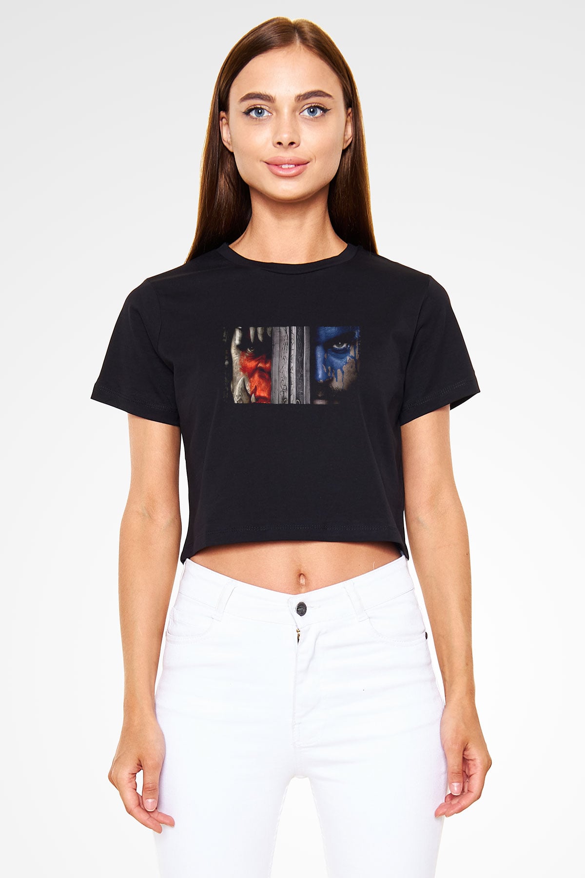 Unisex Warcraft Baskılı Siyah Crop Top Tişört