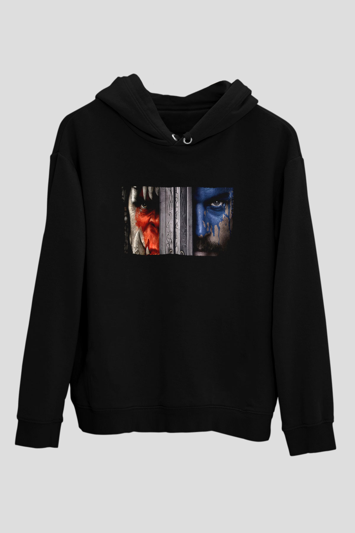Unisex Warcraft Baskılı Siyah Kapüşonlu Sweatshirt