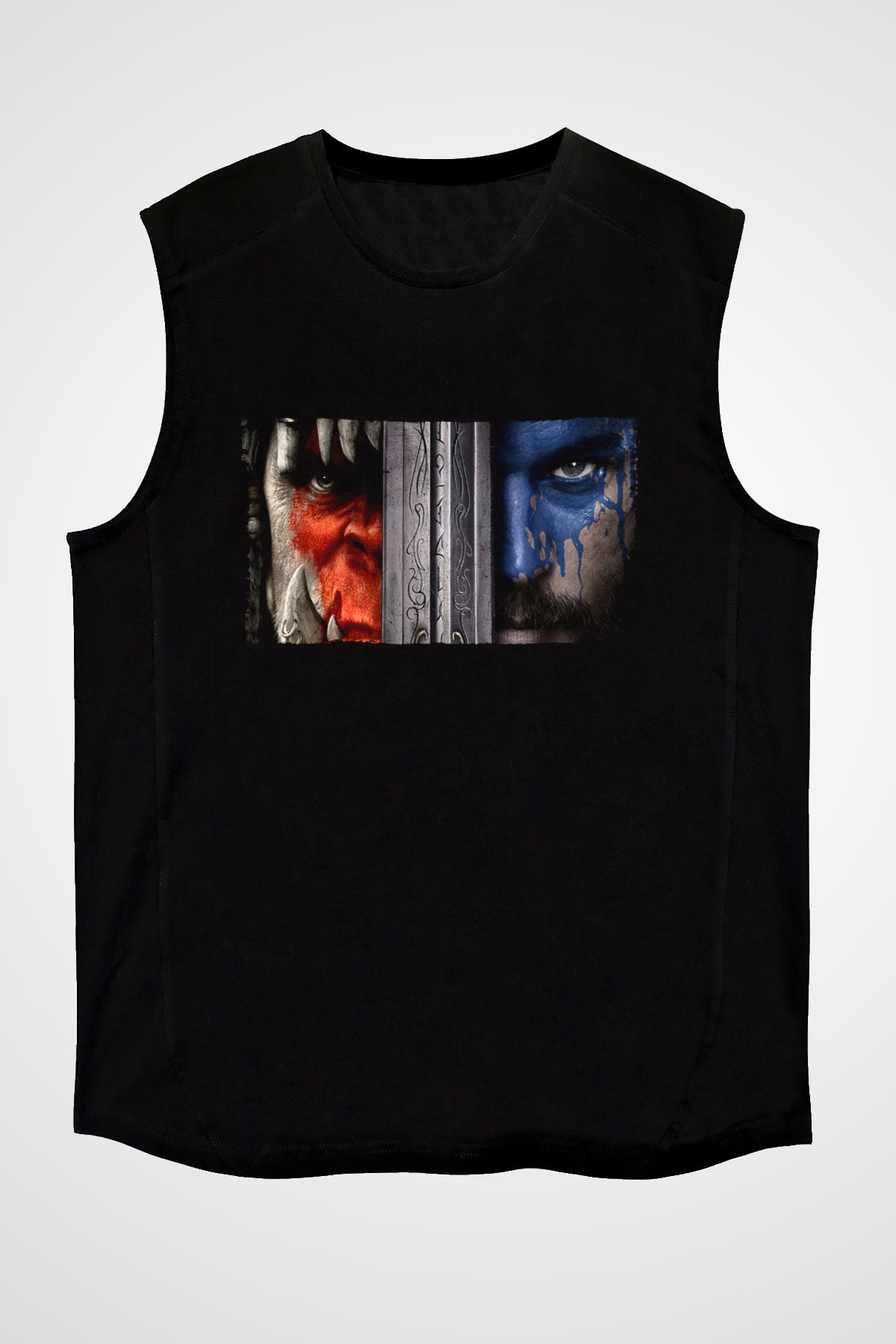 Unisex Warcraft Baskılı Siyah Kolsuz Tişört