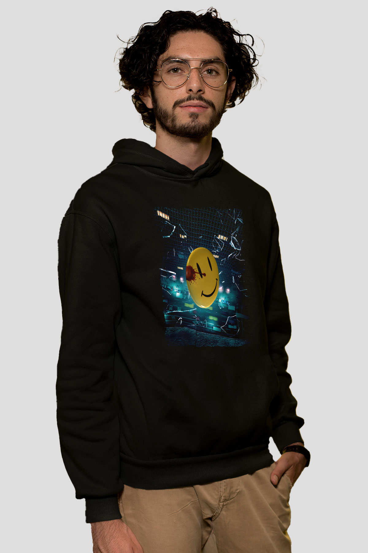 Unisex Watchmen Baskılı Siyah Kapüşonlu Sweatshirt