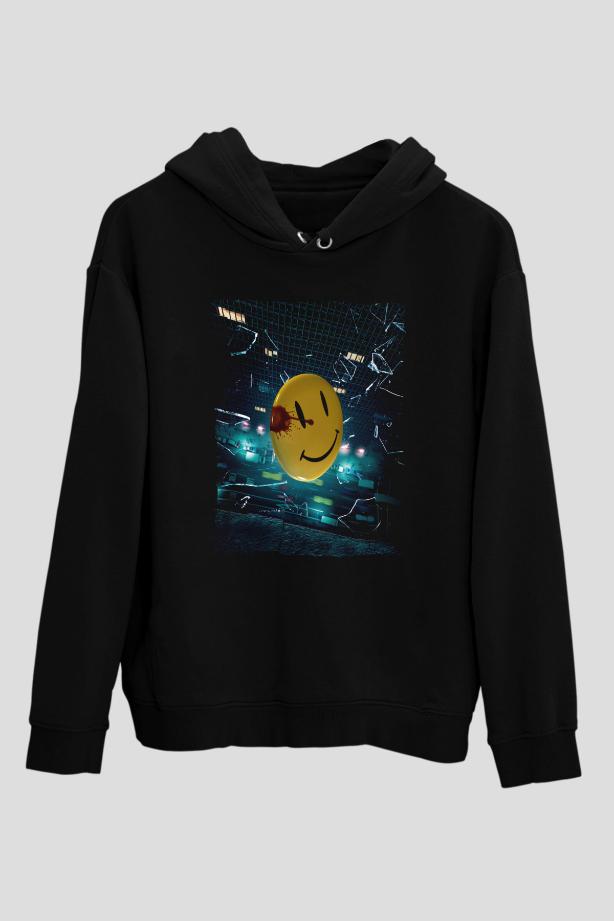 Unisex Watchmen Baskılı Siyah Kapüşonlu Sweatshirt