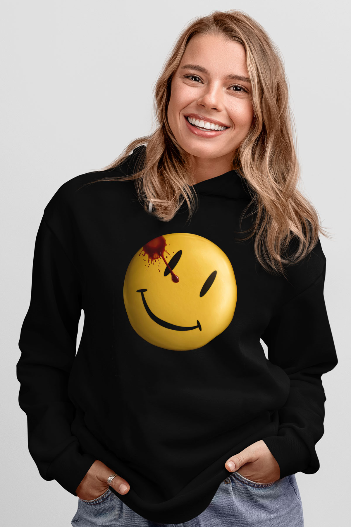 Unisex Watchmen Baskılı Siyah Kapüşonlu Sweatshirt