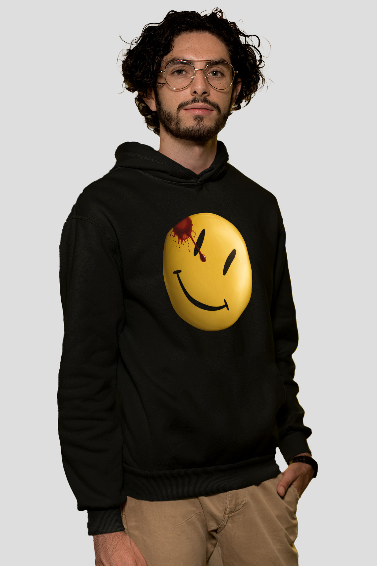 Unisex Watchmen Baskılı Siyah Kapüşonlu Sweatshirt