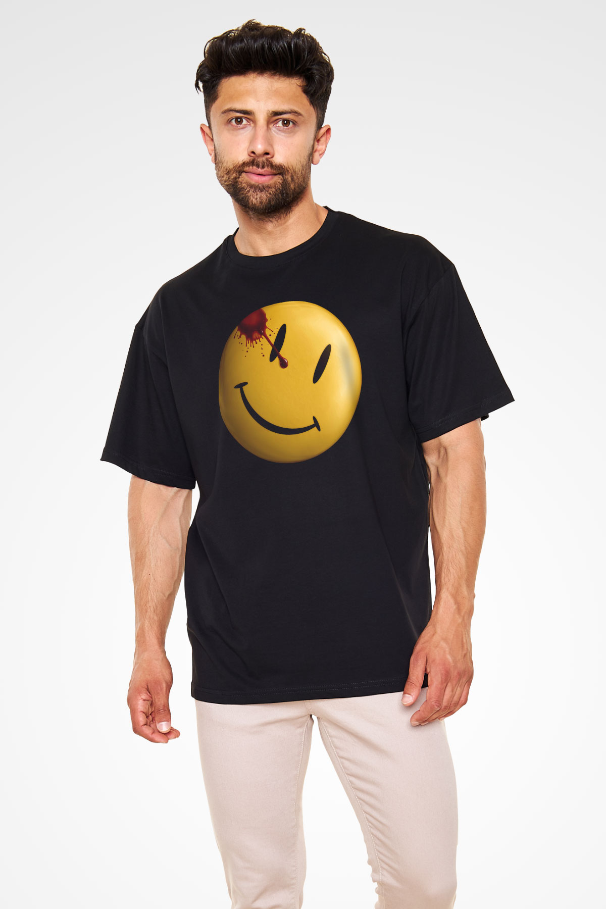 Unisex Watchmen Baskılı Siyah Oversize T-shirt