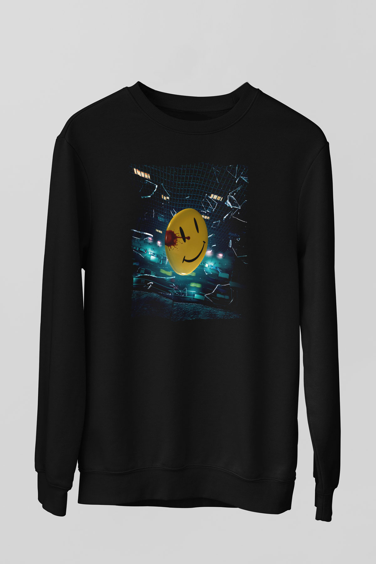 Unisex Watchmen Baskılı Siyah Sweatshirt