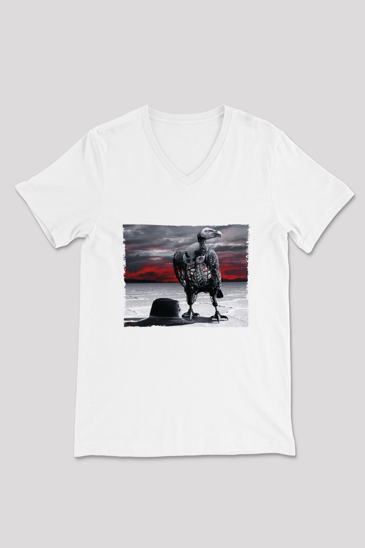 Unisex Westworld Baskılı Beyaz V Yaka Tişört