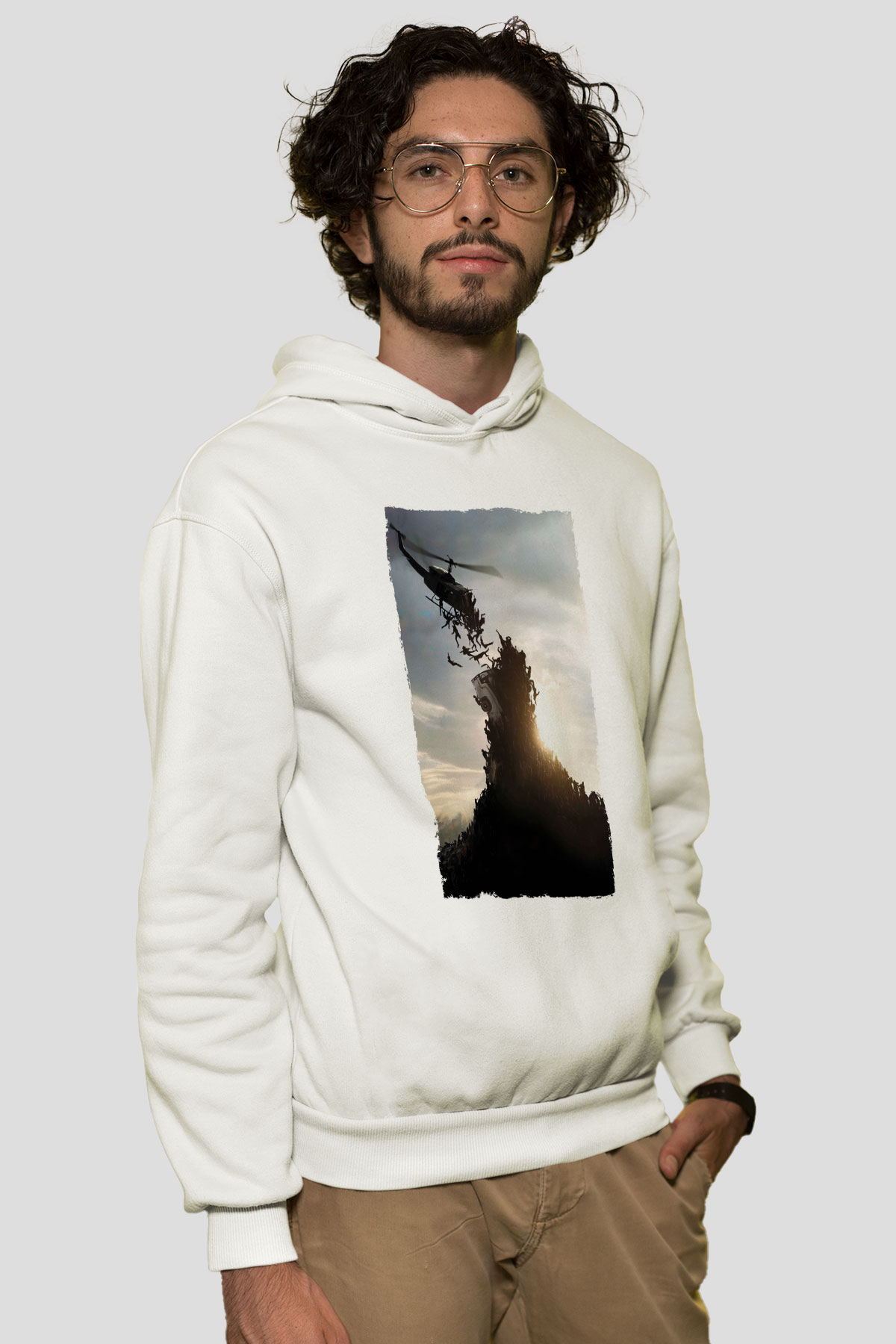 Unisex World War Z Baskılı Beyaz Kapüşonlu Sweatshirt
