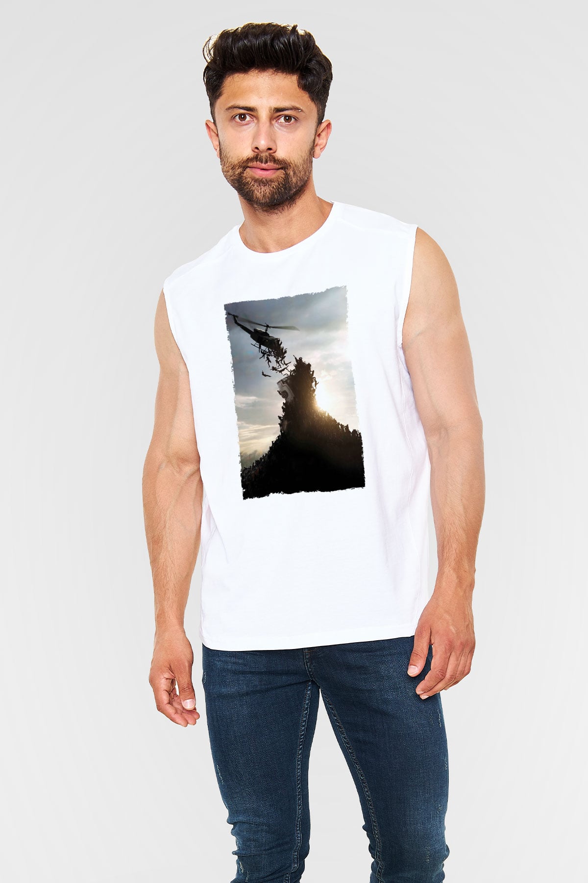 Unisex World War Z Baskılı Beyaz Kolsuz Tişört