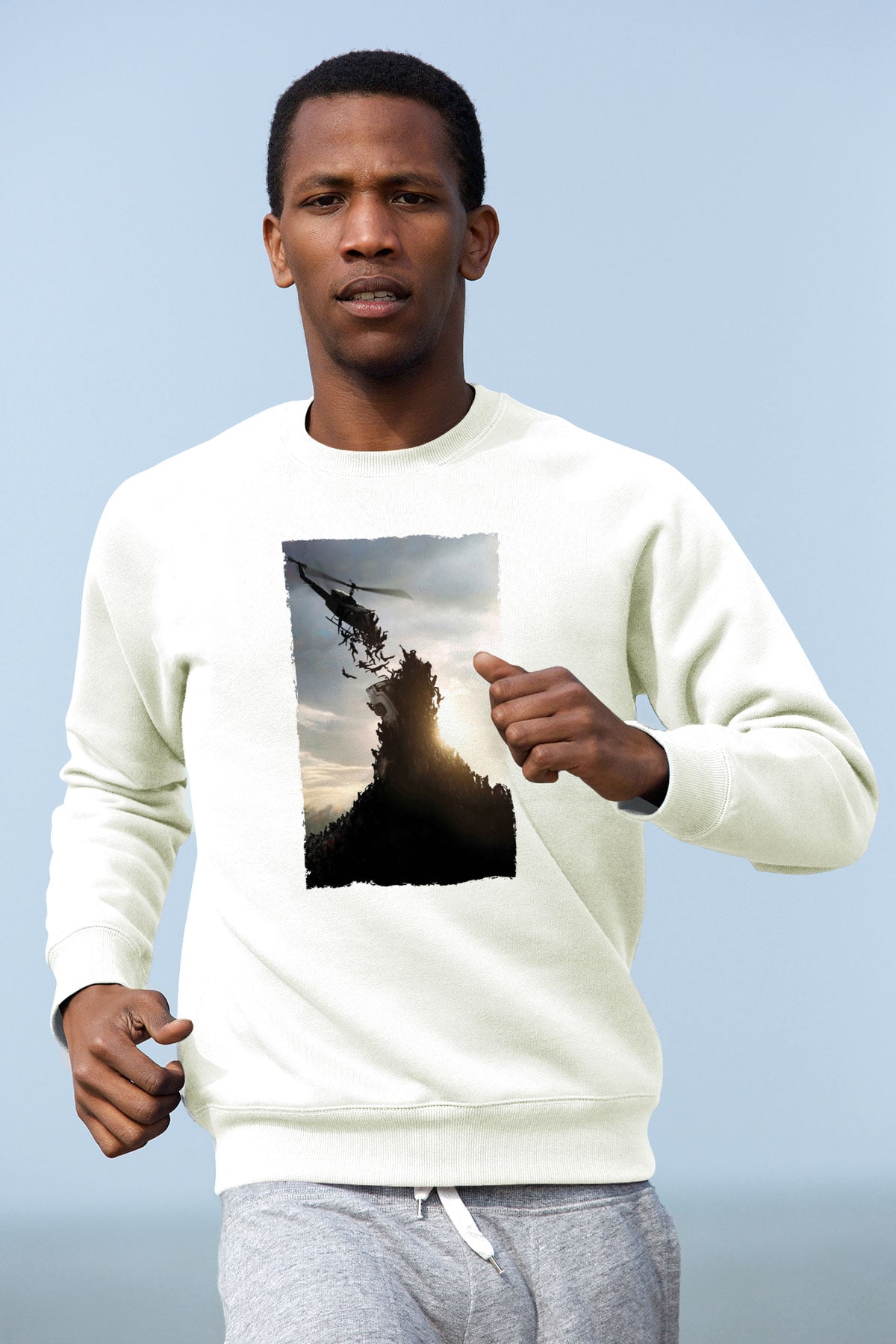 Unisex World War Z Baskılı Beyaz Sweatshirt
