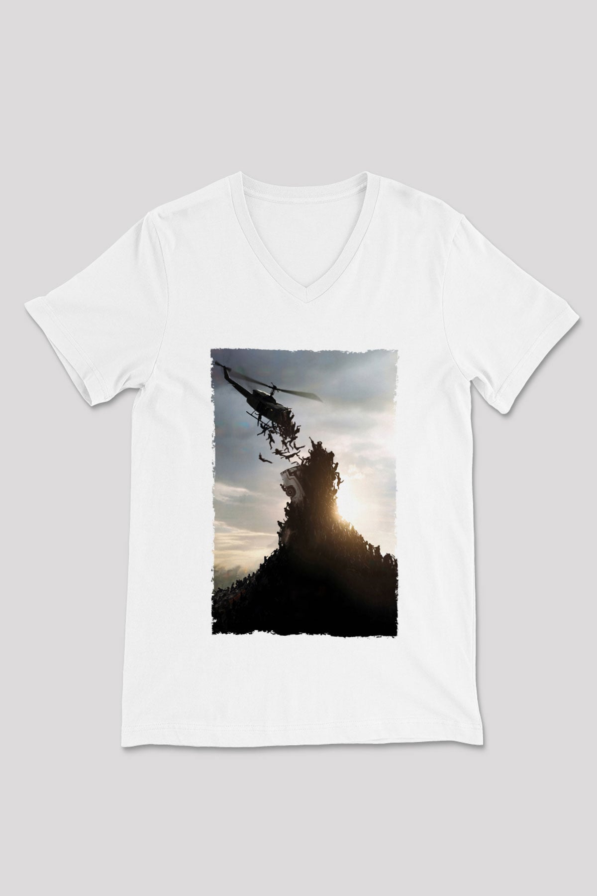 Unisex World War Z Baskılı Beyaz V Yaka Tişört