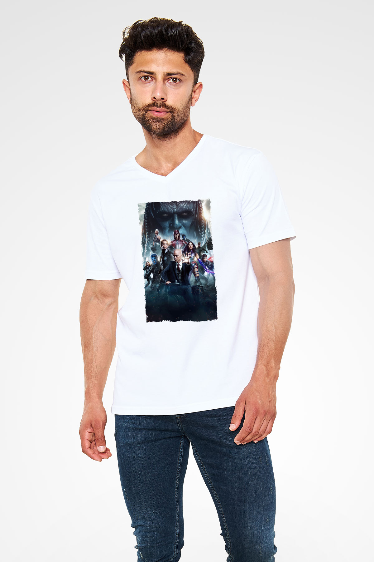Unisex X-Men Apocalypse Baskılı Beyaz V Yaka T-shirt