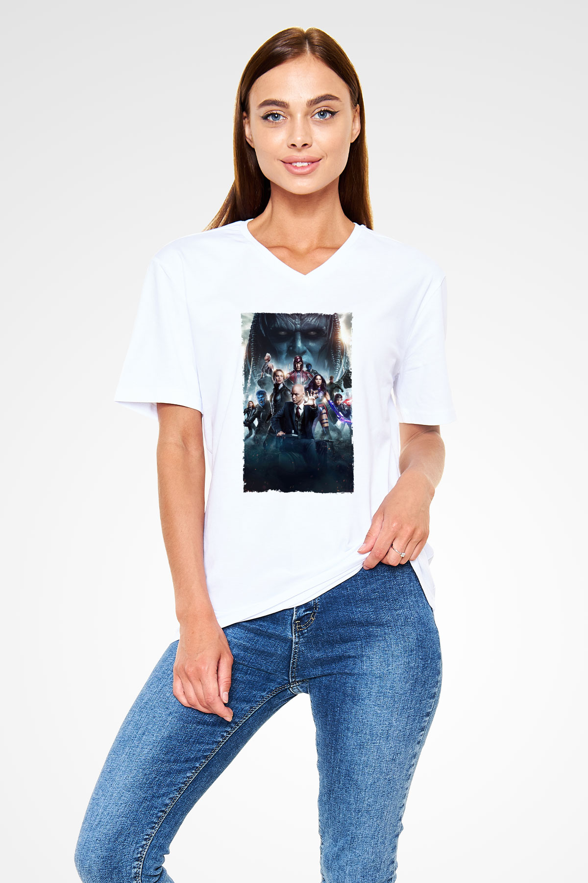 Unisex X-Men Apocalypse Baskılı Beyaz V Yaka T-shirt