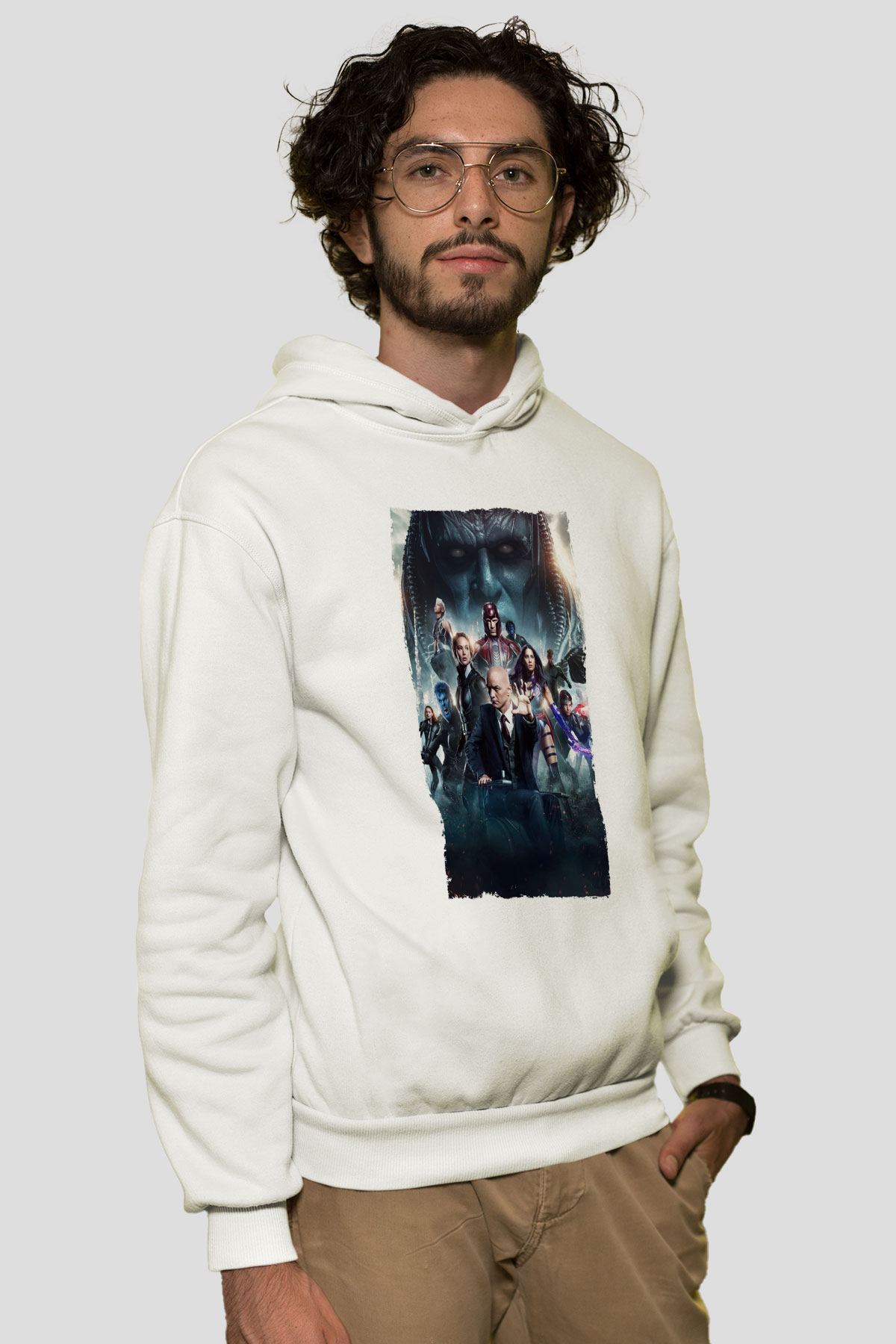 Unisex X-Men Apocalypse Baskılı Beyaz Kapüşonlu Sweatshirt