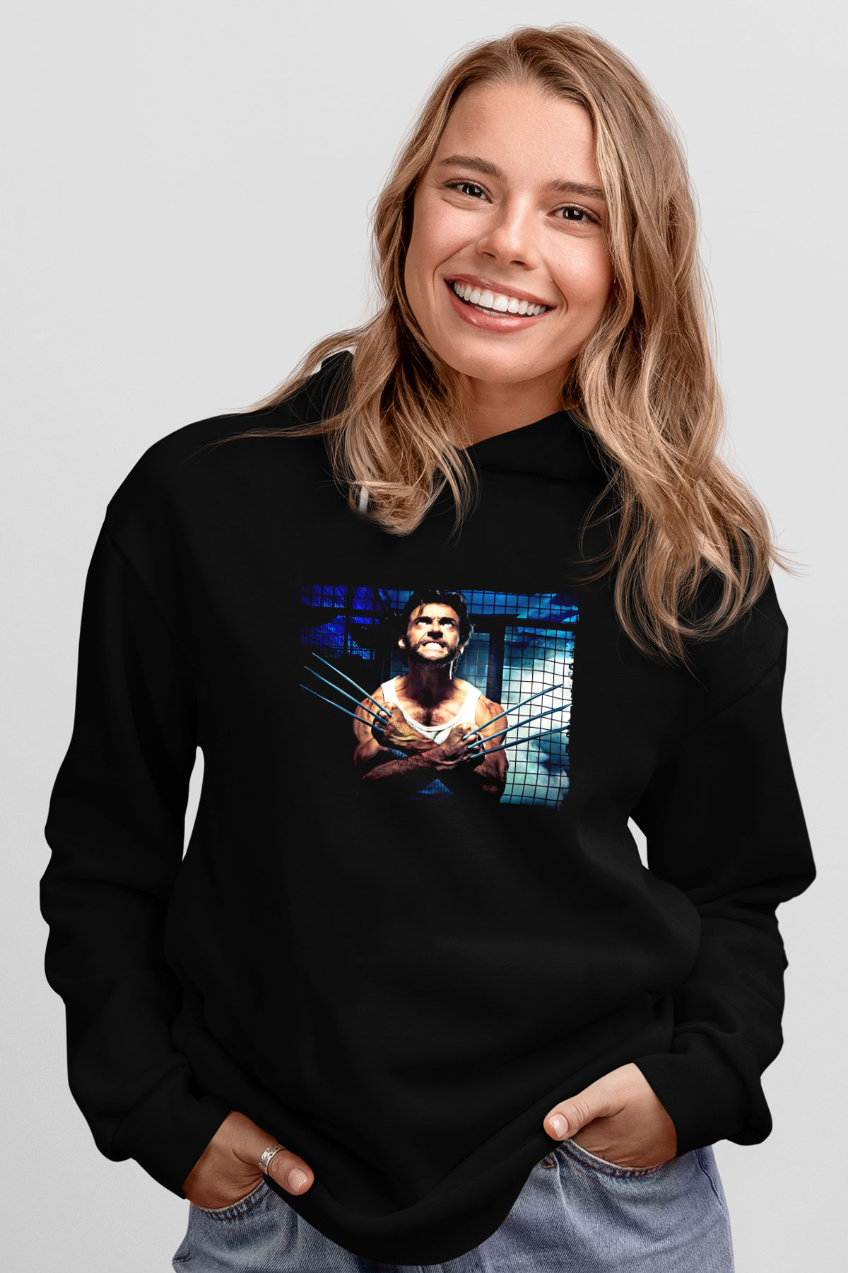 Unisex X-Men Başlangıç Wolverine (X-Men Origins Wolverine) Baskılı Siyah Kapüşonlu Sweatshirt