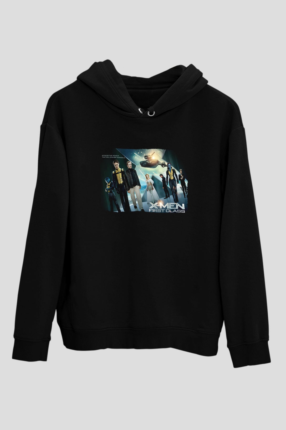 Unisex X-Men Birinci Sınıf Baskılı Siyah Kapüşonlu Sweatshirt