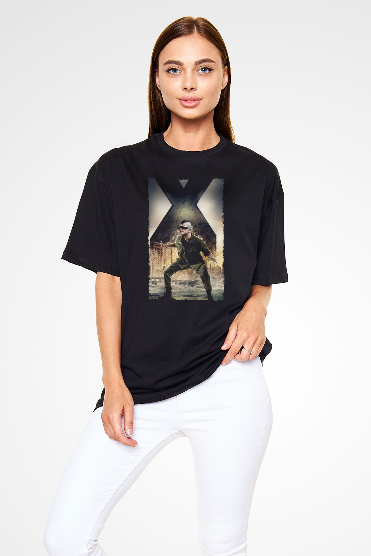 Unisex X-Men Days of Future Past Baskılı Siyah Oversize Tişört