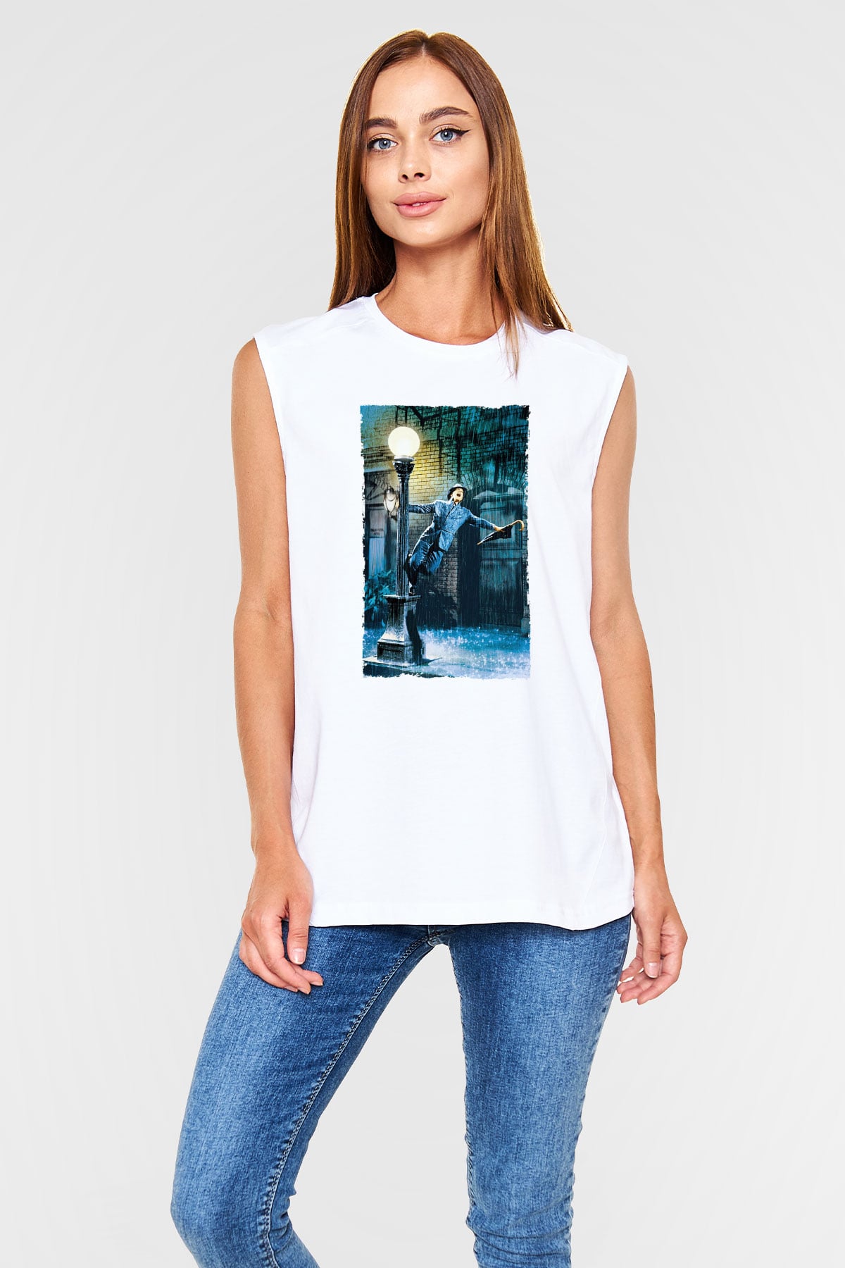 Unisex Yağmur Altında (Singin in the Rain) Baskılı Beyaz Kolsuz T-shirt