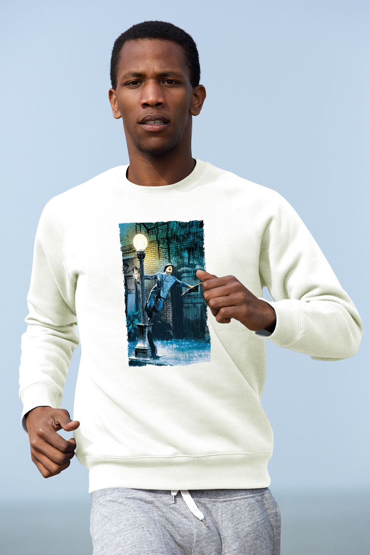 Unisex Yağmur Altında (Singin in the Rain) Baskılı Beyaz Sweatshirt